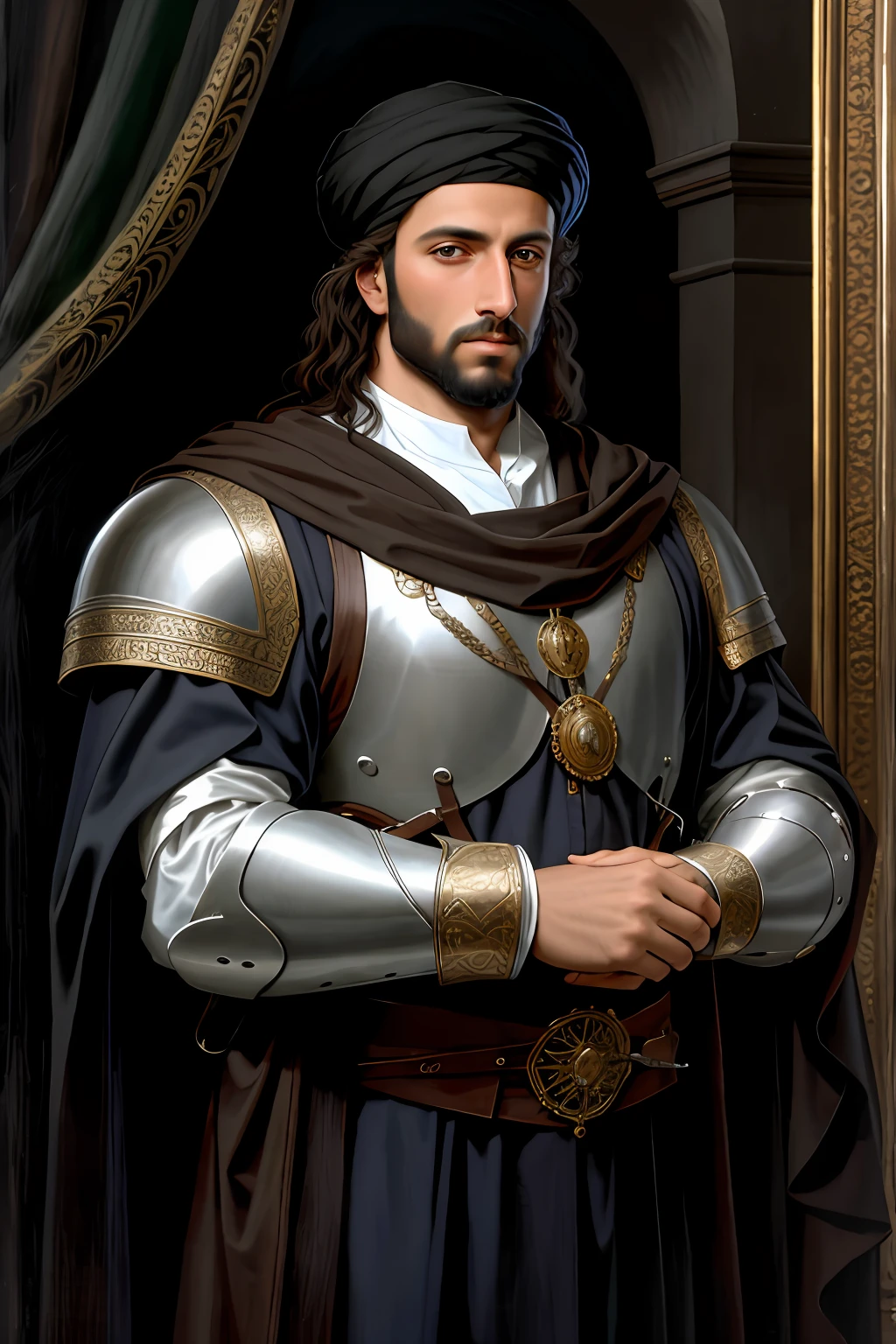 arafed man in a suit of armor standing, portrait, renaissance painting of arab king, renaissance digital painting, inspired by Giovanni Lanfranco, painting of a king, realistic renaissance portrait, medieval portrait