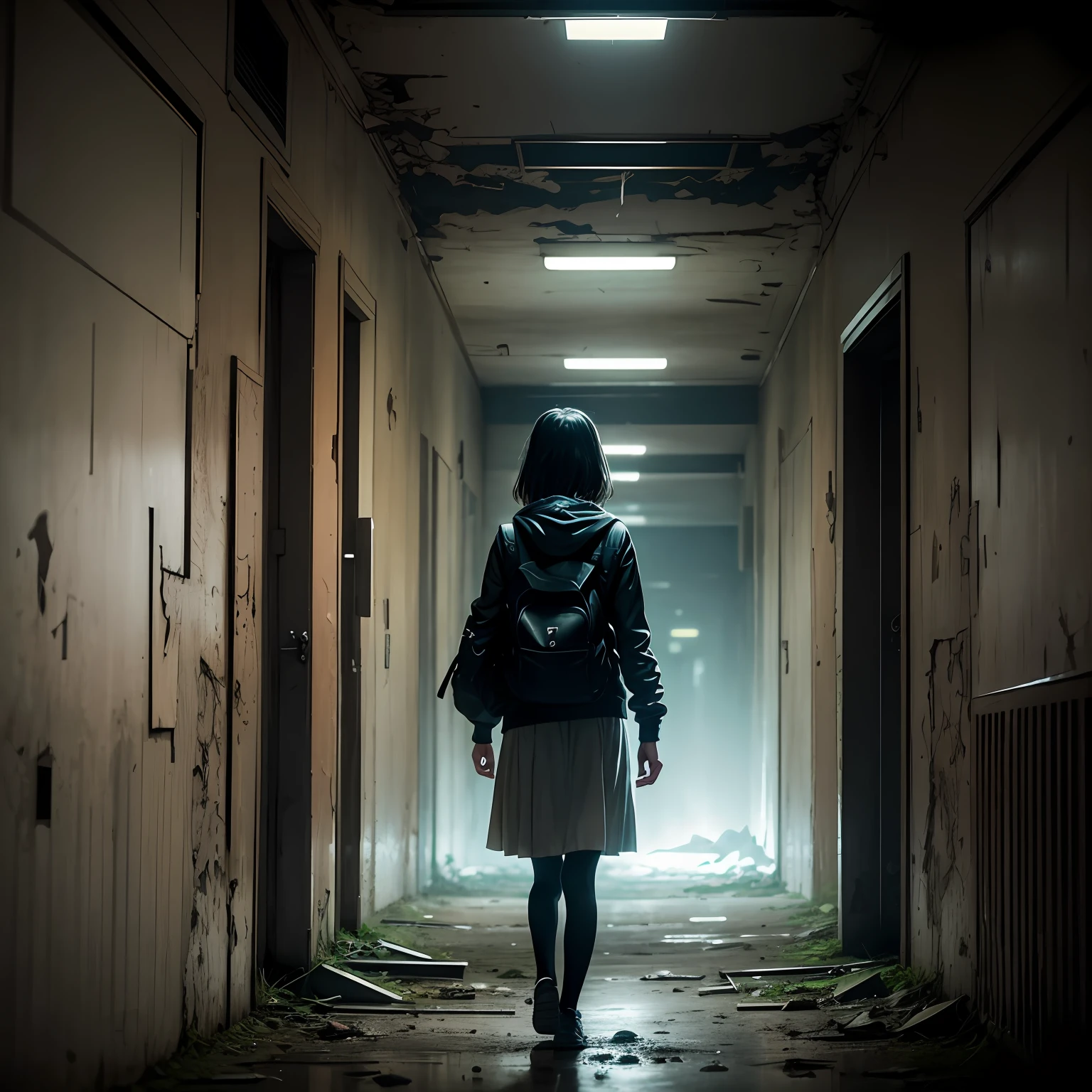 girl walking in an abandoned school on a dark and rainy night horror style --auto