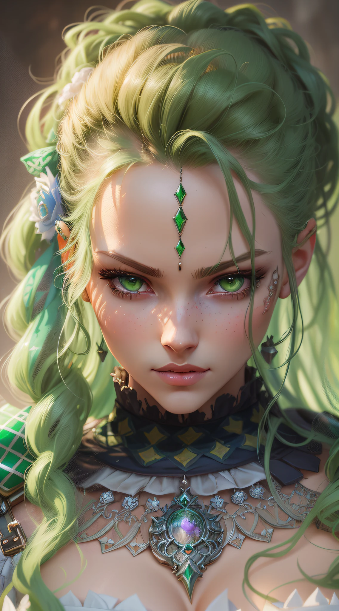 there is a woman with green eyes and a green hair, deviantart artstation cgscosiety, 4k highly detailed digital art, cgsociety portrait, detailed matte fantasy portrait, fantasy concept art portrait, detailed digital anime art, digital fantasy portrait, loish and wlop, hyperdetailed fantasy character, stunning digital illustration, stunning anime face portrait, fantasy art portrait