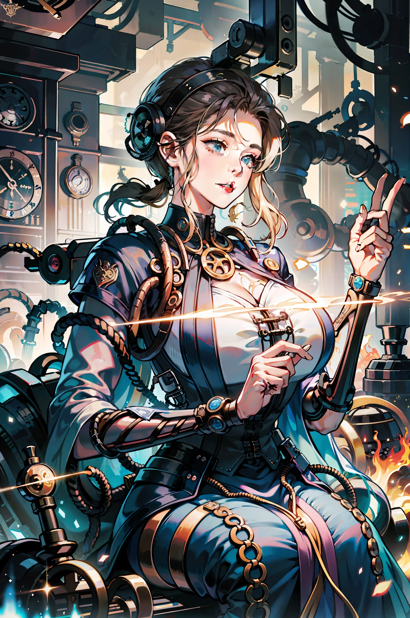 (absurdres, highres, ultra detailed), (a cyberpunk gunsmith in her workshop), huge breasts, strong, a little dirty, solo, mature, cinematic light,(machine made joints:1.2),((machanical limbs)),(vessels connected to tubes),(mechanical vertebra attaching to back),((mechanical cervial attaching to neck)),(sitting),expressionless,(wires and cables attaching to neck:1.2),(wires and cables on head:1.2)(character focus),science fiction