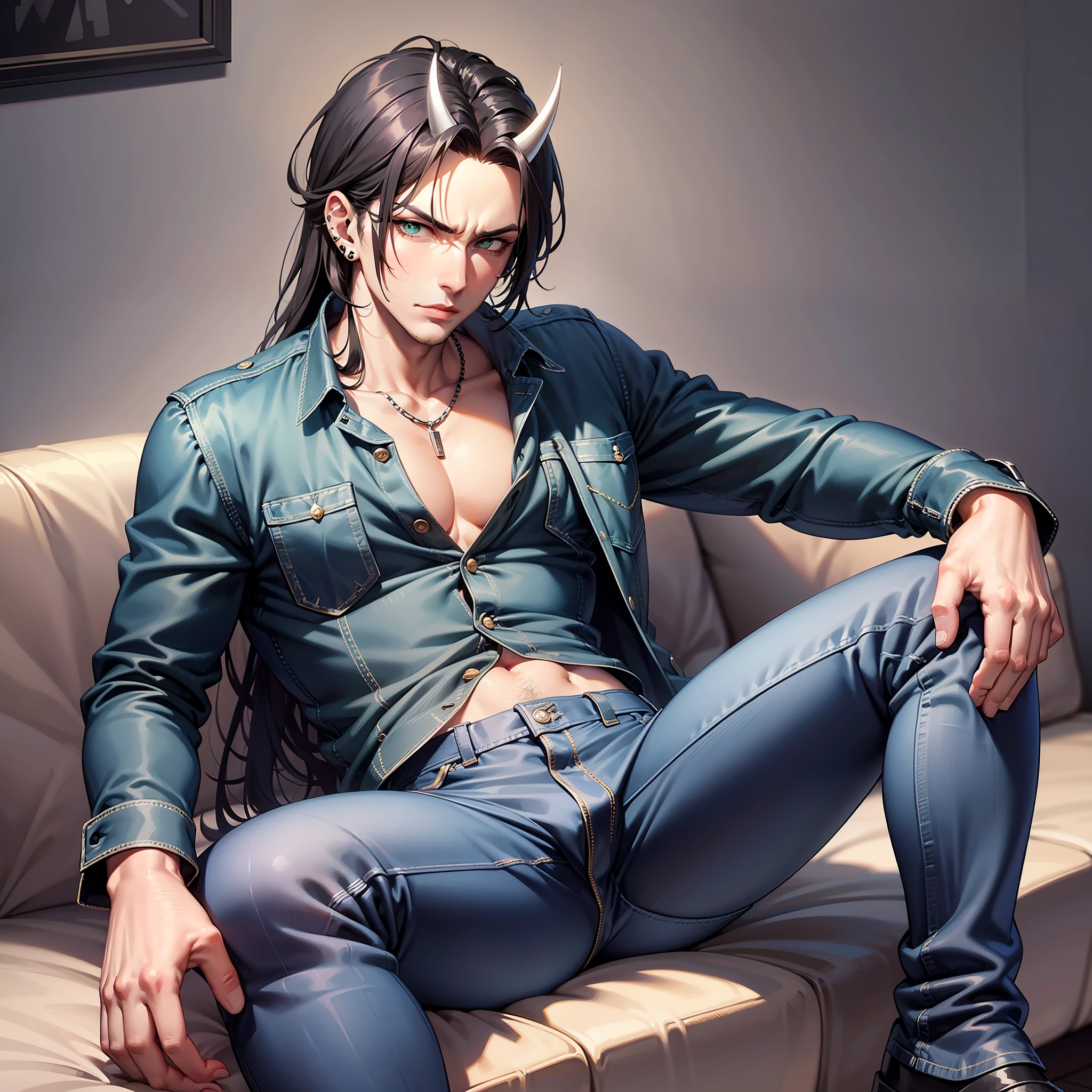 Handsome male, black hair, long hair, emerald eyes, detailed body, detailed hands, black shirt, black denim jeans, sitting on couch, nightfall, huge bulge in pants, horns, piercings, long sleeve shirt, manly, arrogant expression