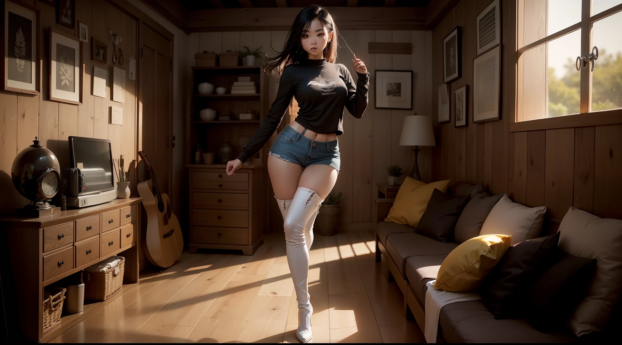 Asiatic woman, jovem, Bonito, low water, middlebreasts, cintura estreita, coxas finas, cabelos negros curtos, franja, usando blusa curta branca, saia jeans curta, minissaia jeans, saia curta azul desbotada. skintight, White leather boots up to the knees, Botas de salto alto, fundo escuro, parede de tijolos aparentes, rustic furniture, soft-lighting