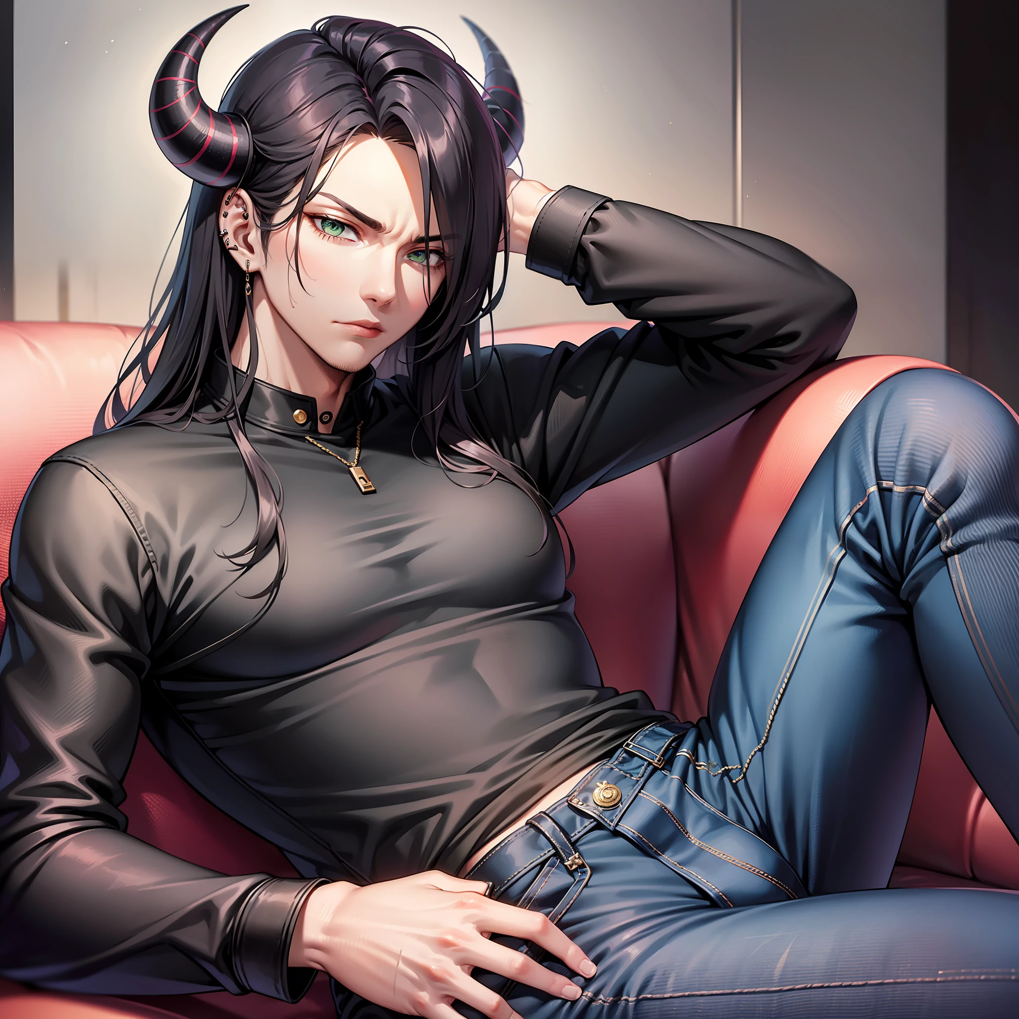 Handsome male, black hair, long hair, emerald eyes, detailed body, detailed hands, black shirt, black denim jeans, sitting on couch, nightfall, huge bulge in pants, horns, piercings, long sleeve shirt, manly, arrogant expression