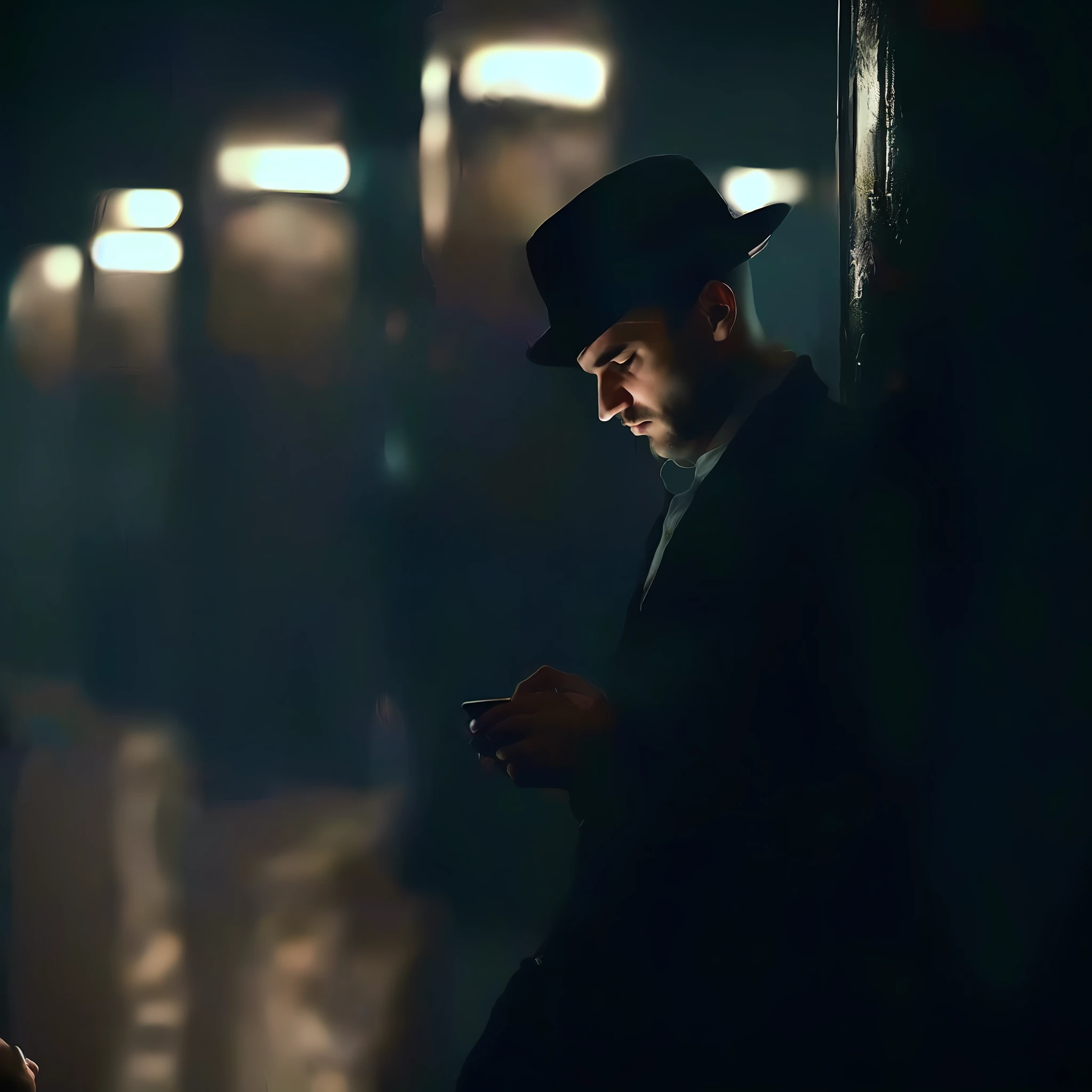 There's a man in a hat and suit looking at his phone, Detetive Noir e um Fedora, olhando para o telefone dele, Road to Stillframe Doom, filme noir ainda, Tech Preto, Tecnologia batida. Neo Estilo Preto, film noir lighting, Directed by: Arik Brauer, Directed by: Thomas Bock, Homem misterioso, cinematic moody lighting, Tech-Preto