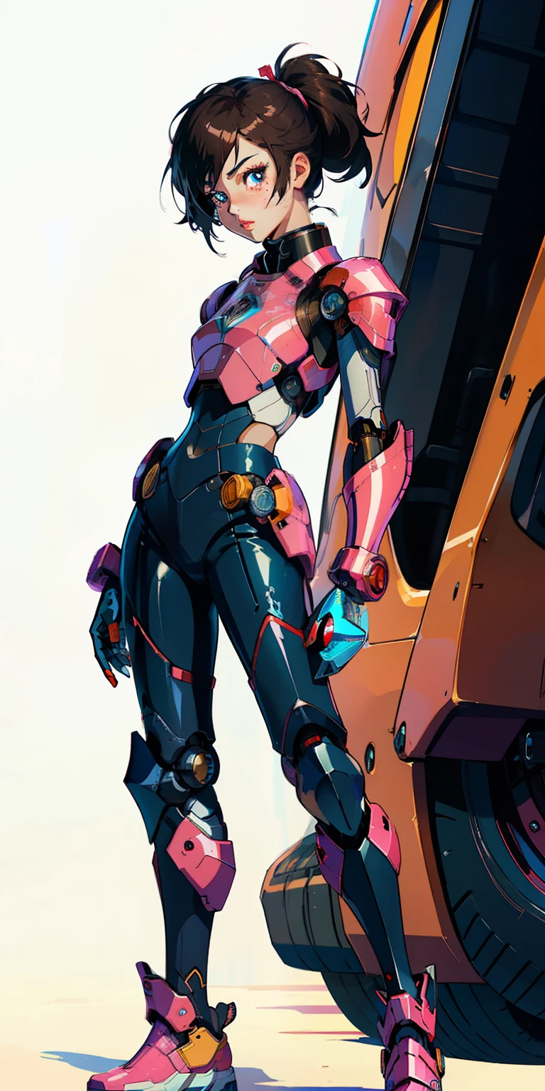 Octane Rendering,full view,8k --niji 5, (best quality, masterpiece, ultra-realistic), portrait of 1 beautiful girl, (head to toe full body image), 1girls, solo, (Bubblegum Crisis style body armor: 2.0), (Knight Saber body armor), female shape, robotic exoskeleton, sleek design, futuristic, late 90's anime style, smooth lines, powered exoskeleton, extremely stylized, deviant art, masterpiece, highly detailed, detailed eyes, expressive detailed eyes, detailed pupils, futuristic, blush, small breasts, lots of freckles, super textured detailed skin, entire body image, full body shot, Bubblegum Crash anime,