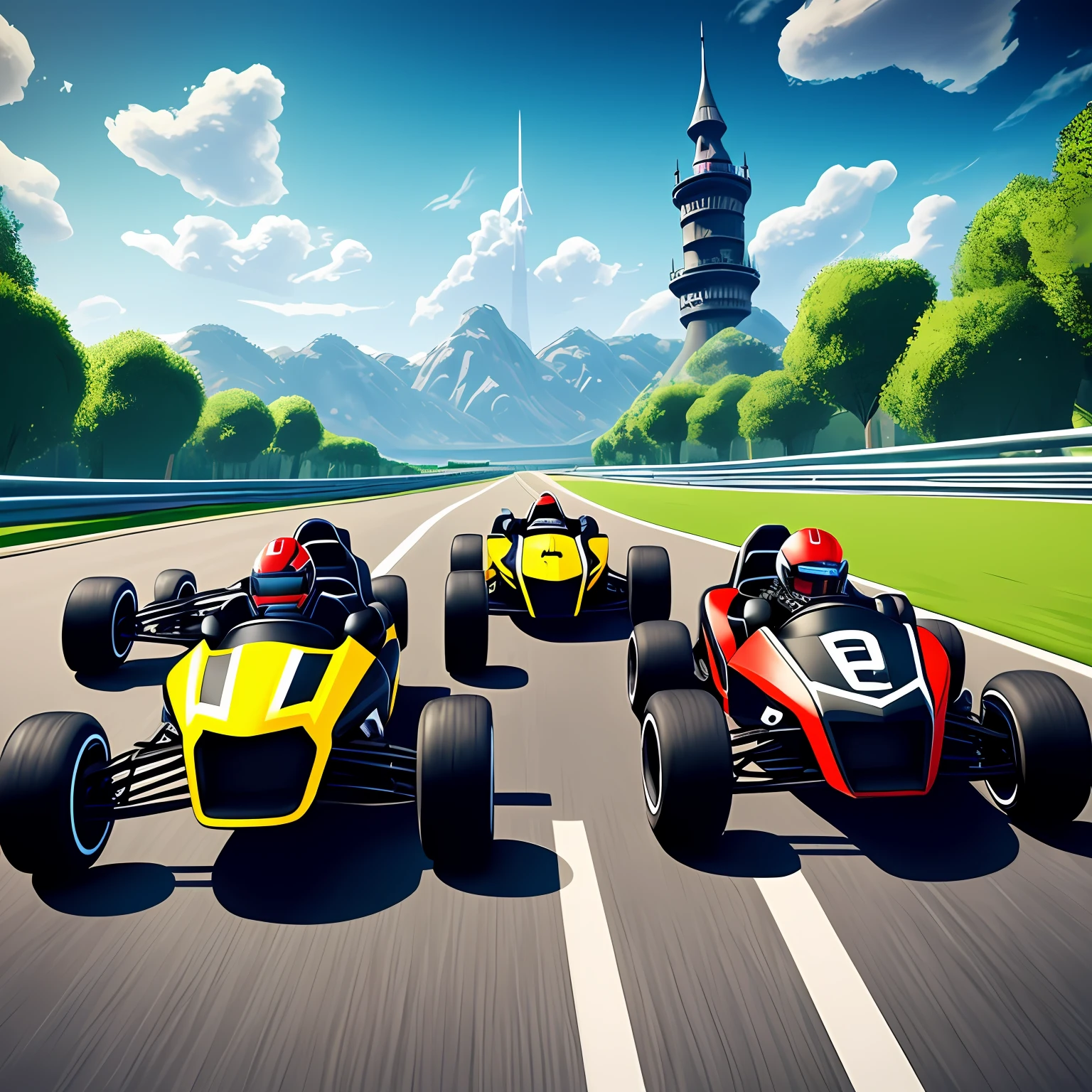 Black Tower，Go-kart party，Racing competitions，Mechanobiology，Emphasize their mysterious identity and powerful technology，The racers are united，cooperation，Future and technology，Page 3 Games，Adventure and passion，English words "Go-kart party" More like a hand-drawn style，Emphasize the letter kart that appears in the picture