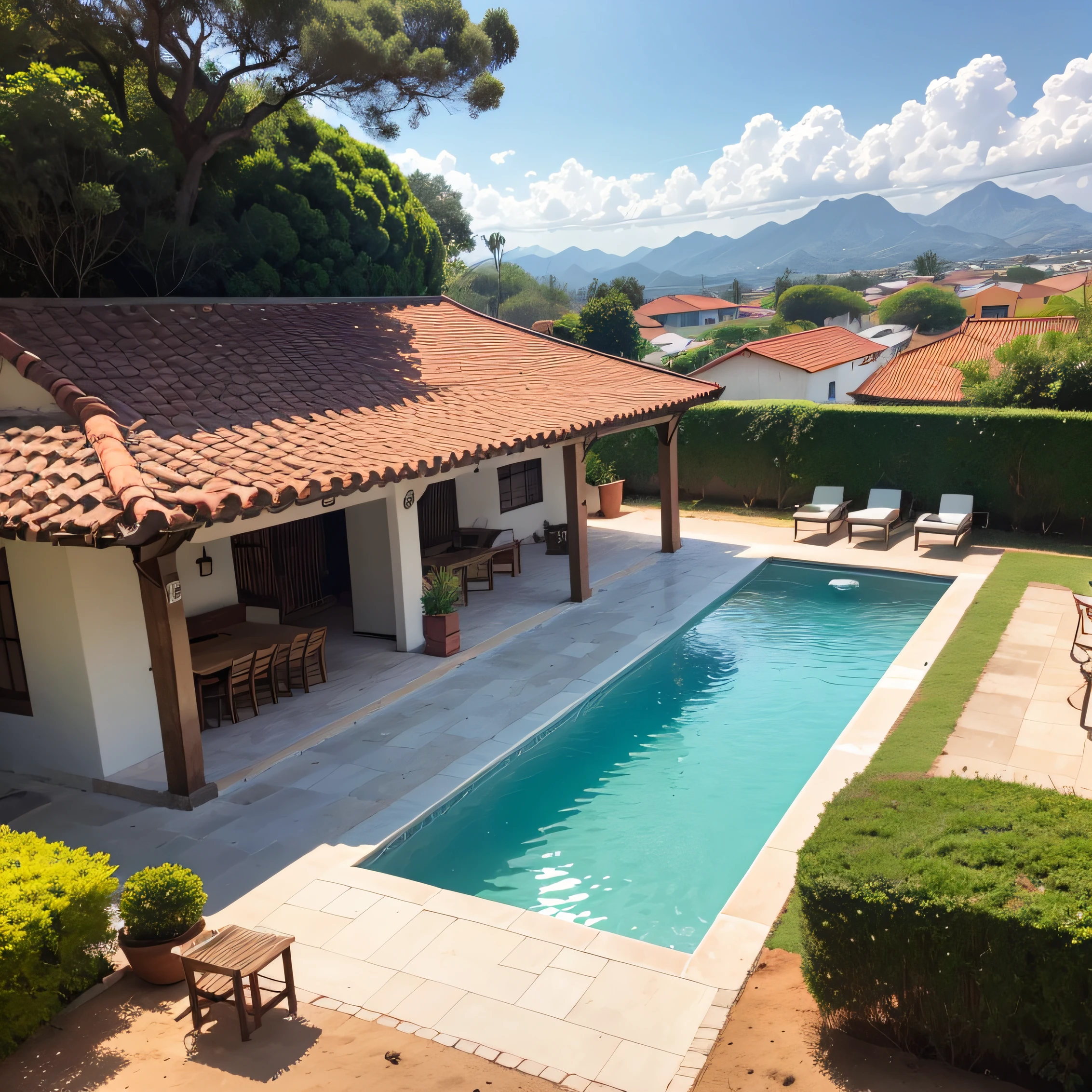 a farm, com uma piscina grande, coqueiros ao fundo, luz do sol, casa avarandada ao lado, churrasqueira na varanda, com campinho de futebol, vista de cima