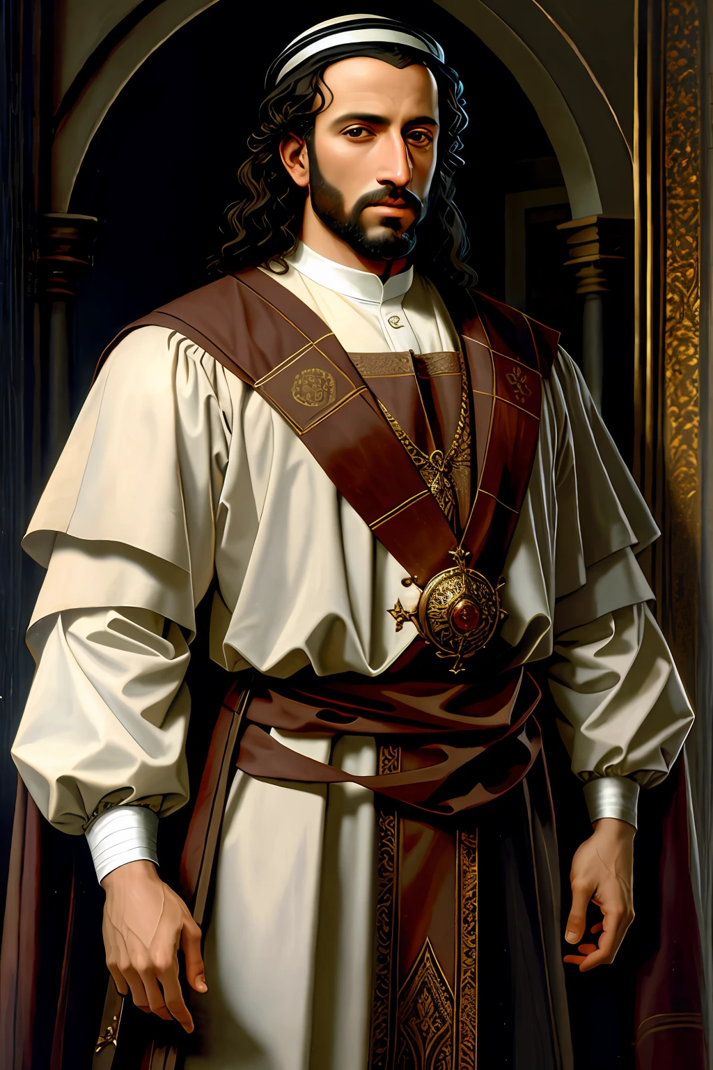 arafed man in a suit of armor standing, portrait, renaissance painting of arab king, renaissance digital painting, inspired by Giovanni Lanfranco, painting of a king, realistic renaissance portrait, medieval portrait