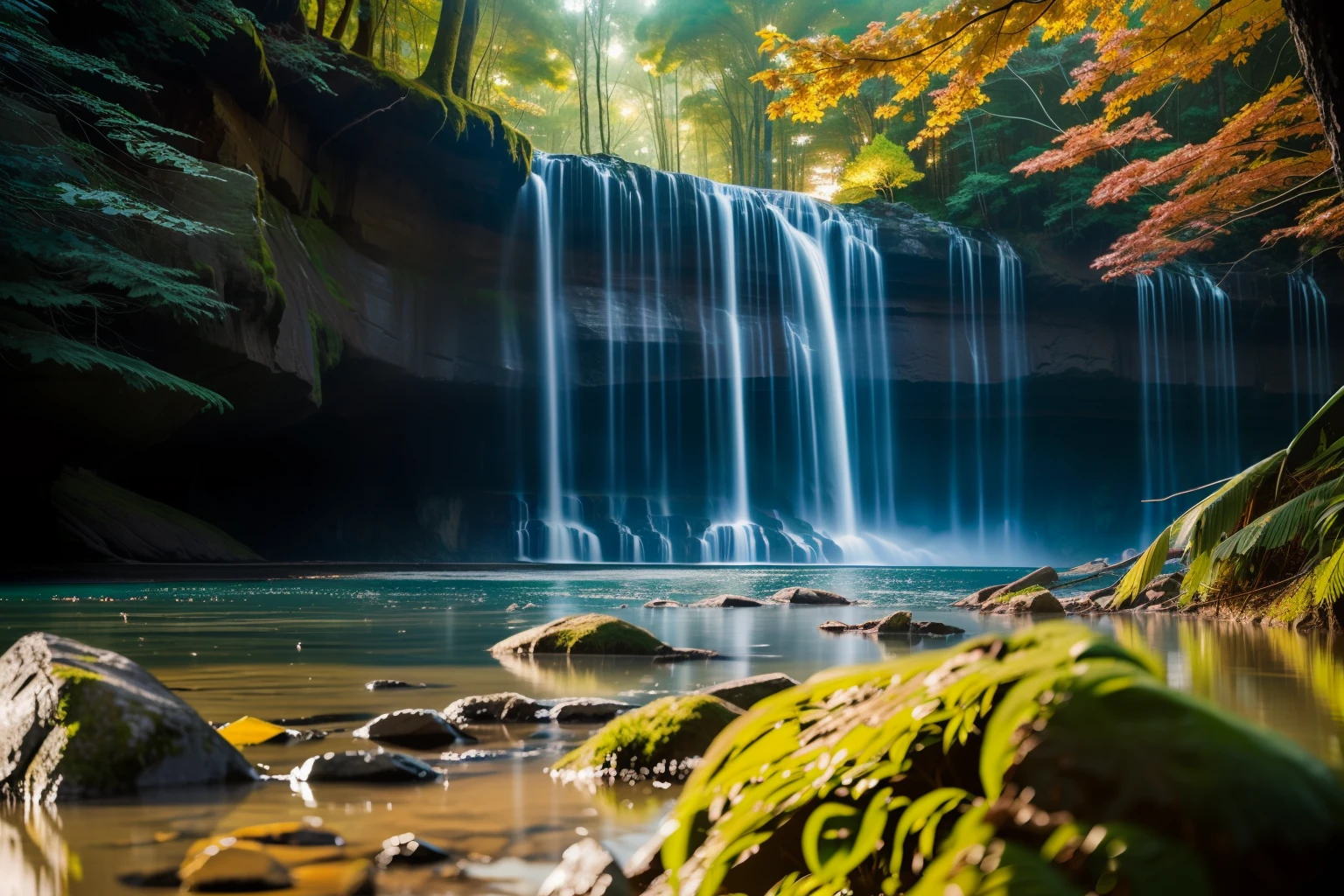 A stunning image of a dense forest, where a single tree stands tall against a misty, cloudless sky. The sky is filled with a wide array of colors and patterns, reflecting the depth of the scene and the enormous scale of the forest. A distant, sunlit waterfall cascades from a nearby cliff, creating a sense of depth and harmony in the scene. macro lens, long exposure, high ISO, shallow depth of field by Erik Johansson by Annie Leibovitz