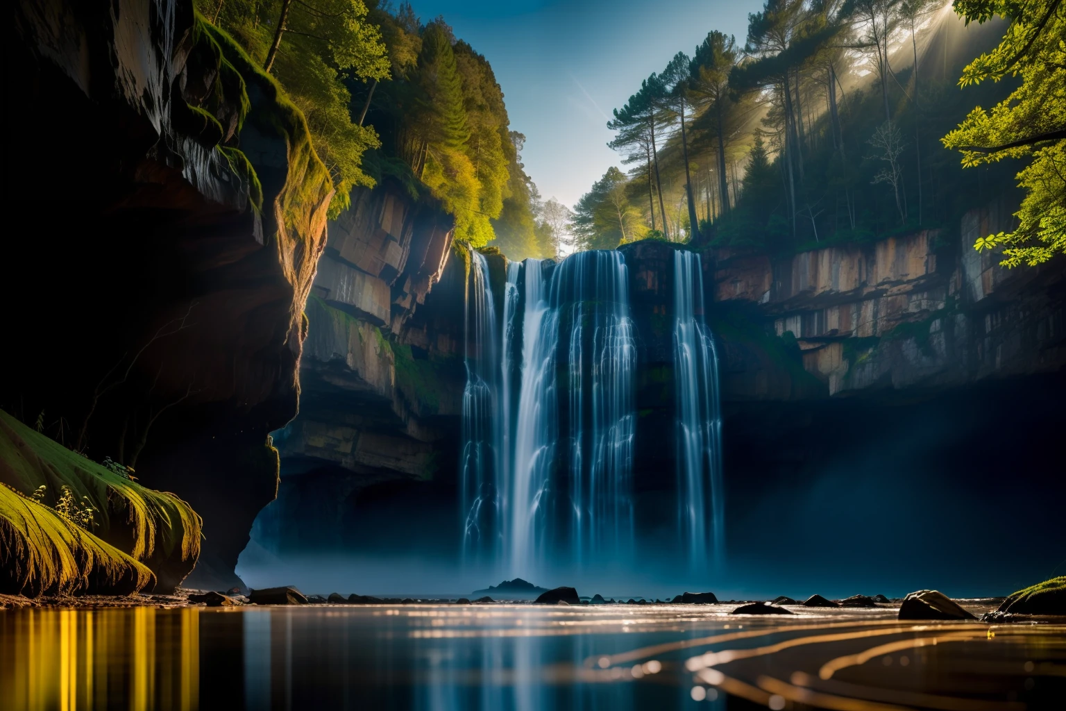 A stunning image of a dense forest, where a single tree stands tall against a misty, cloudless sky. The sky is filled with a wide array of colors and patterns, reflecting the depth of the scene and the enormous scale of the forest. A distant, sunlit waterfall cascades from a nearby cliff, creating a sense of depth and harmony in the scene. macro lens, long exposure, high ISO, shallow depth of field by Erik Johansson by Annie Leibovitz