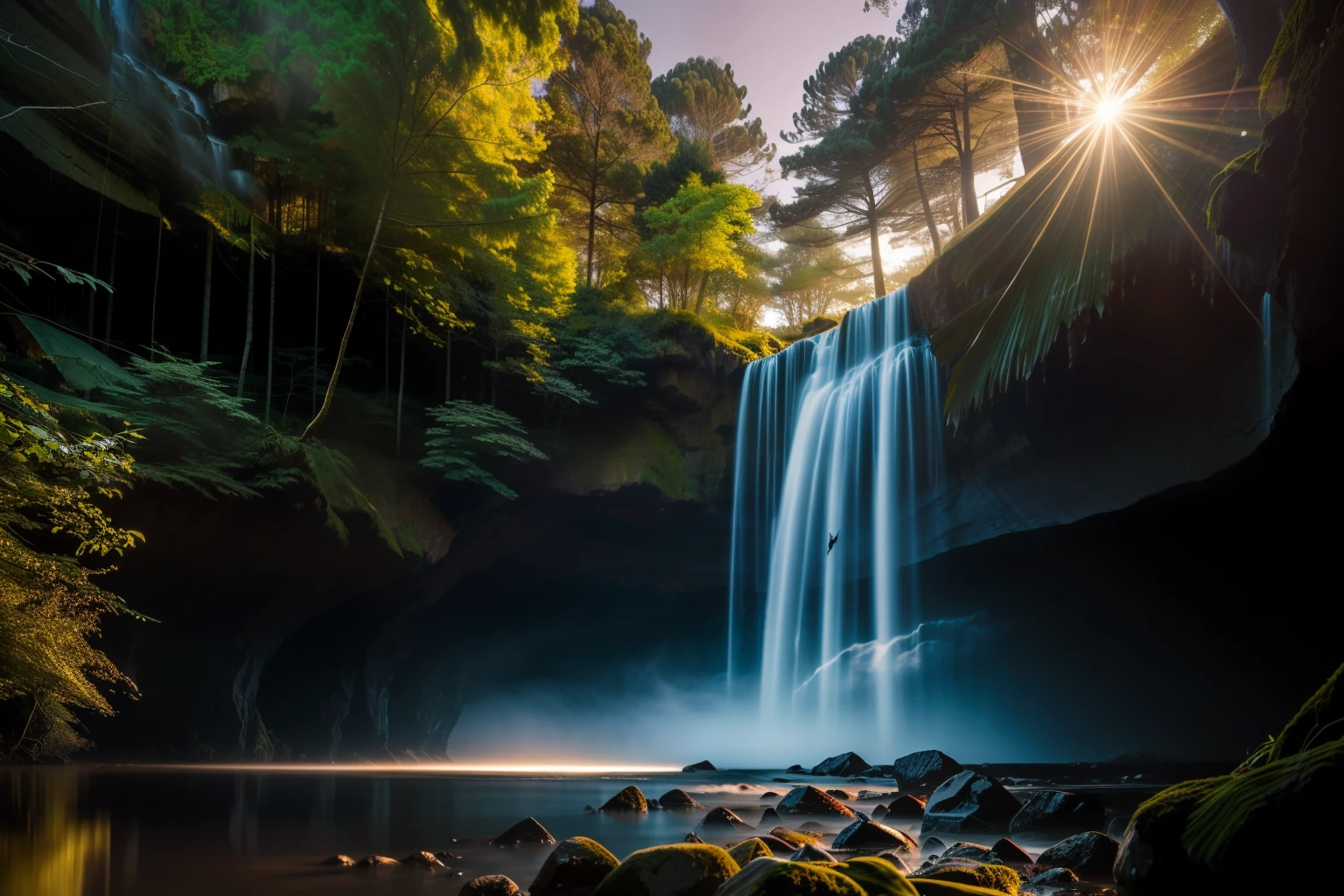 A stunning image of a dense forest, where a single tree stands tall against a misty, cloudless sky. The sky is filled with a wide array of colors and patterns, reflecting the depth of the scene and the enormous scale of the forest. A distant, sunlit waterfall cascades from a nearby cliff, creating a sense of depth and harmony in the scene. macro lens, long exposure, high ISO, shallow depth of field by Erik Johansson by Annie Leibovitz