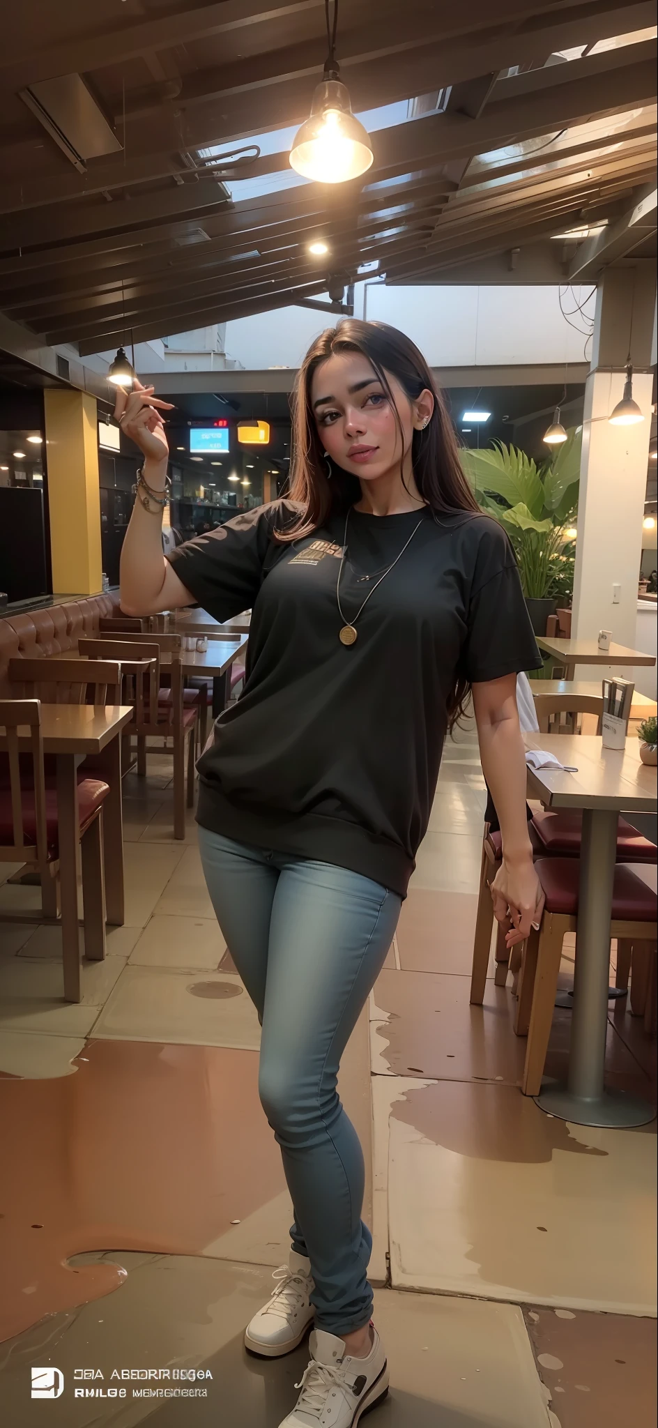 linda mulher, restaurante, waitress, meiga, fofa, colar, fundo cinematografico, cadeiras, mesas, clientes