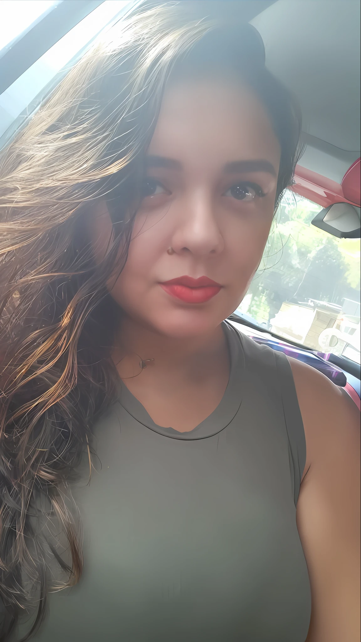 there is a woman sitting in a car with a cell phone, red lips, thick red lips, both have red lips, Batom vermelho no rosto, faint red lips, Big Red Lips, light-red lips, small and thick red lips, sexy red lips, Red lipstick, full lips, cheeky smile with red lips, red luscious lips, Batom vermelho brilhante