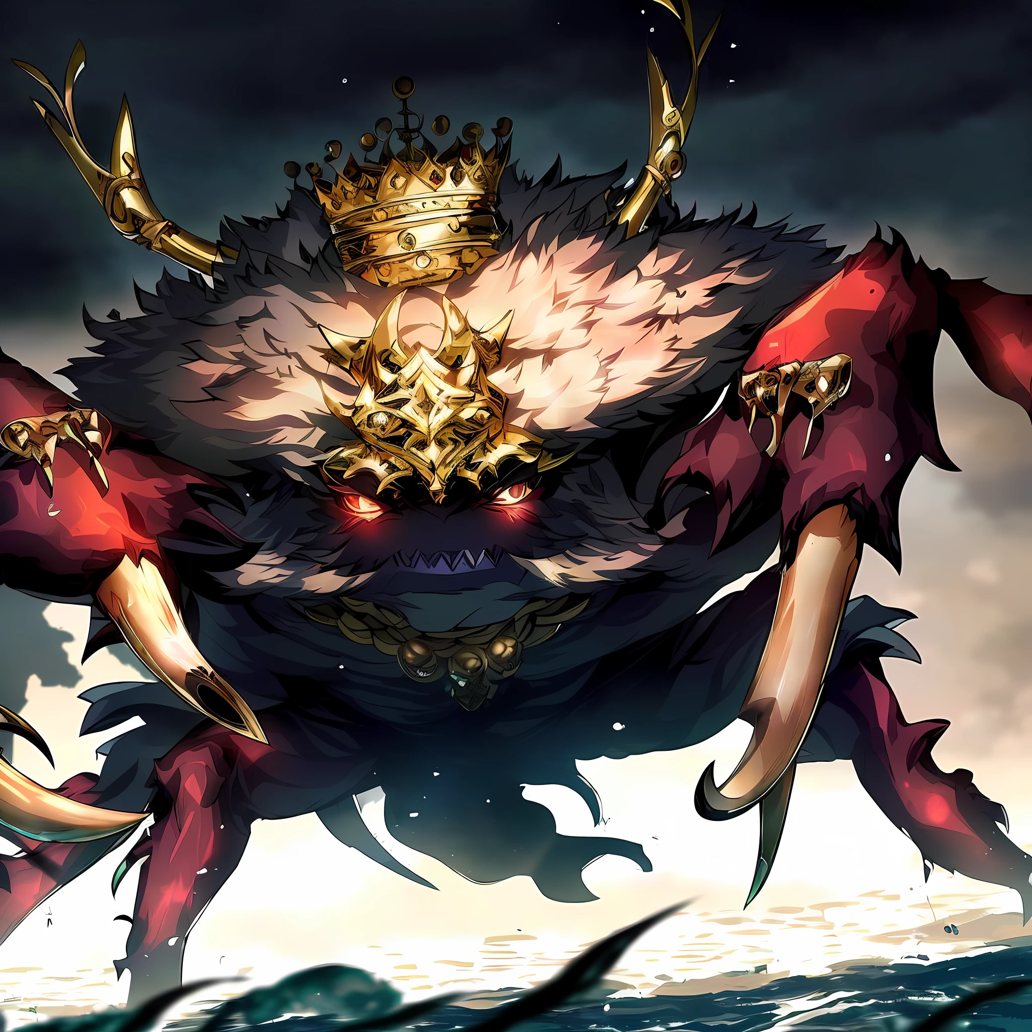 Don't Starve Together Crab King, face hidden in shadows, Buffed King Crab, King Detailed Clothes, Golden Crown, Red Eyes, Epic badass walking, Omnipotent, Imponent, Deity, above sea scene, well drawn body parts, masterpiece, best quality, best focus, ultra detailed skin texture, Trending on midjourney art, inspired by kimetsu no yaiba, ultra detailed everything, ultra detailed epic anime photo