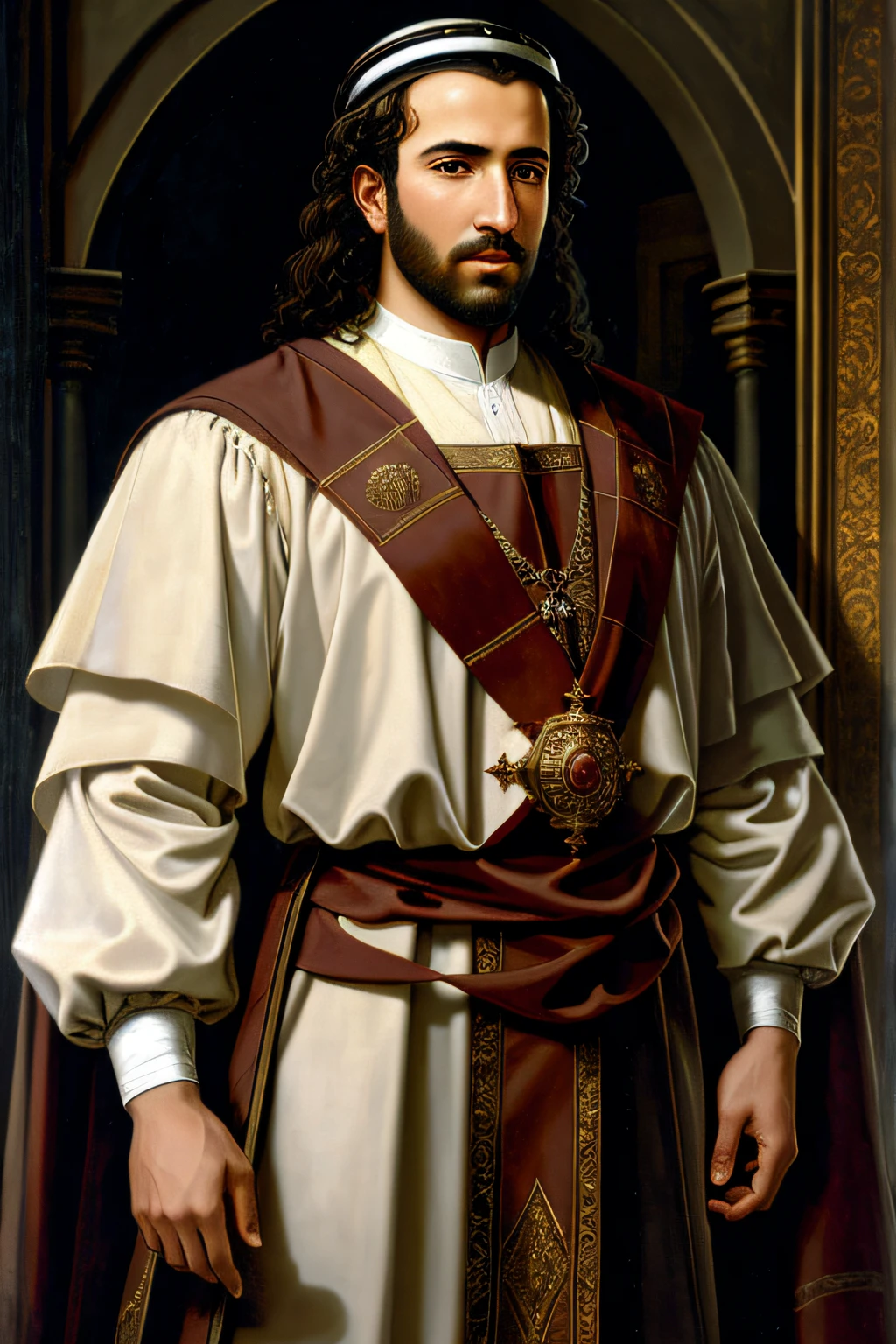 arafed man in a white and brown robe and a crown, picture of a male cleric, majesty in noble clothes, inspired by Osman Hamdi Bey, portrait of a medieval nobleman, handsome prince of persia, renaissance digital painting, renaissance prince, casimir art, inspired by Altoon Sultan, holy crusader medieval, robed renaissance scholar