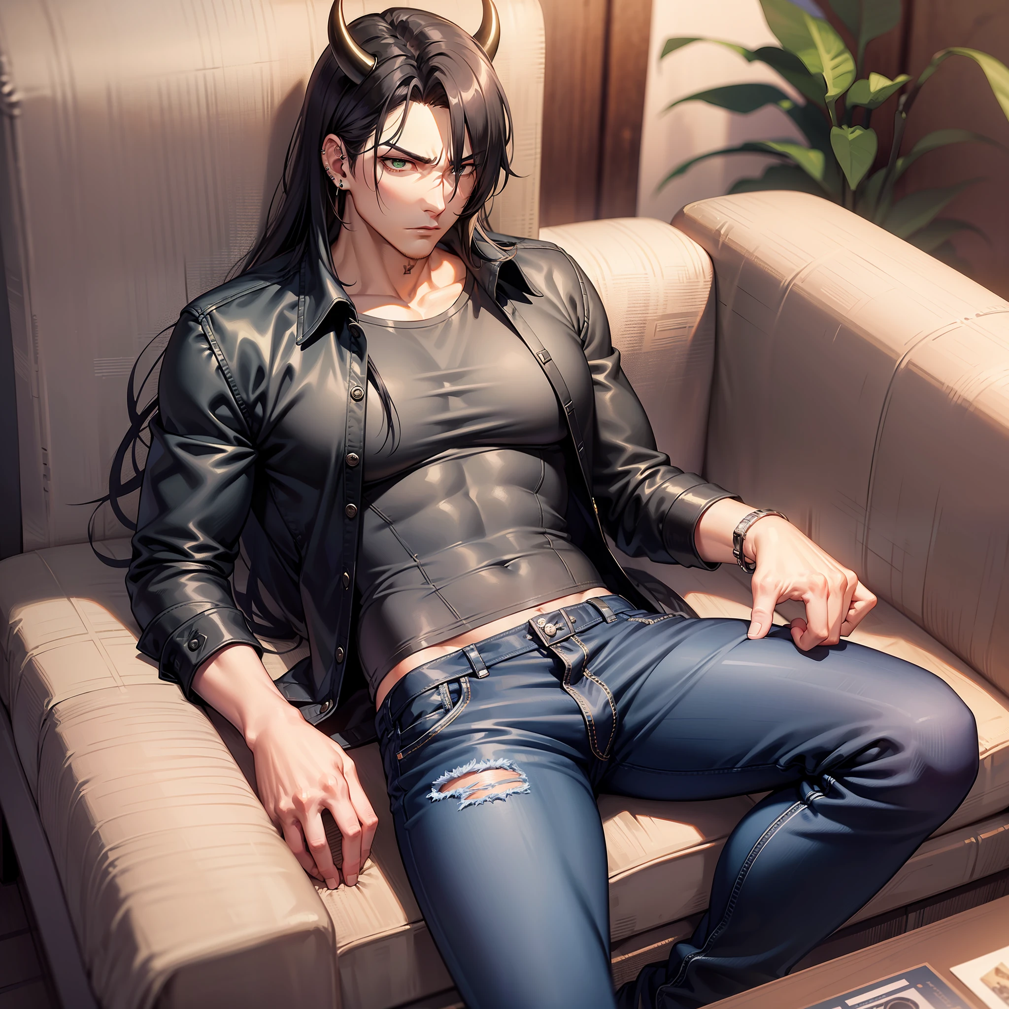 Handsome male, black hair, long hair, emerald eyes, detailed body, detailed hands, black shirt, black denim jeans, sitting on couch, nightfall, huge bulge in pants, horns, piercings, long sleeve shirt, manly, arrogant expression, buff man, handsome