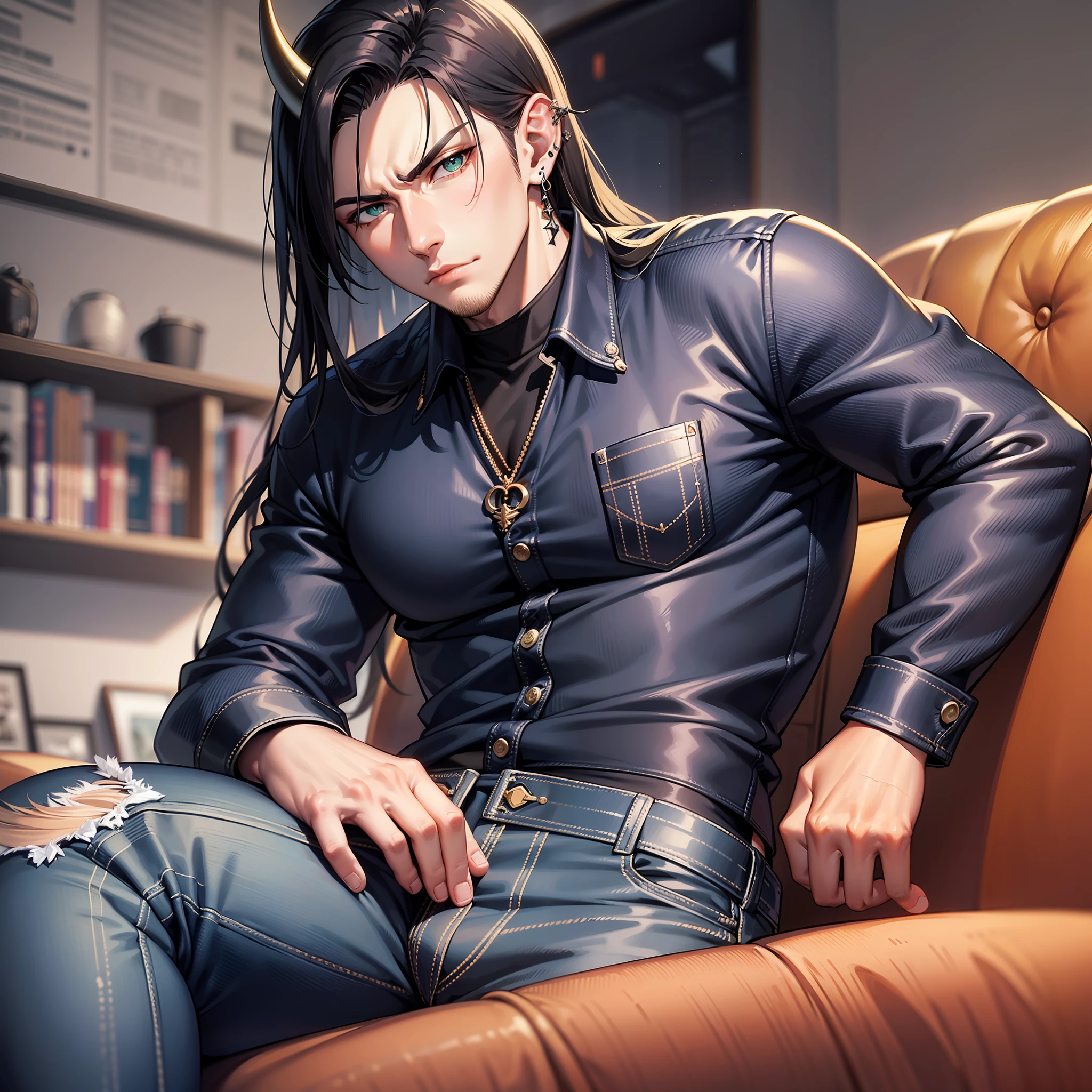 Handsome male, black hair, long hair, emerald eyes, detailed body, detailed hands, black shirt, black denim jeans, sitting on couch, nightfall, huge bulge in pants, horns, piercings, long sleeve shirt, manly, arrogant expression, buff man, handsome