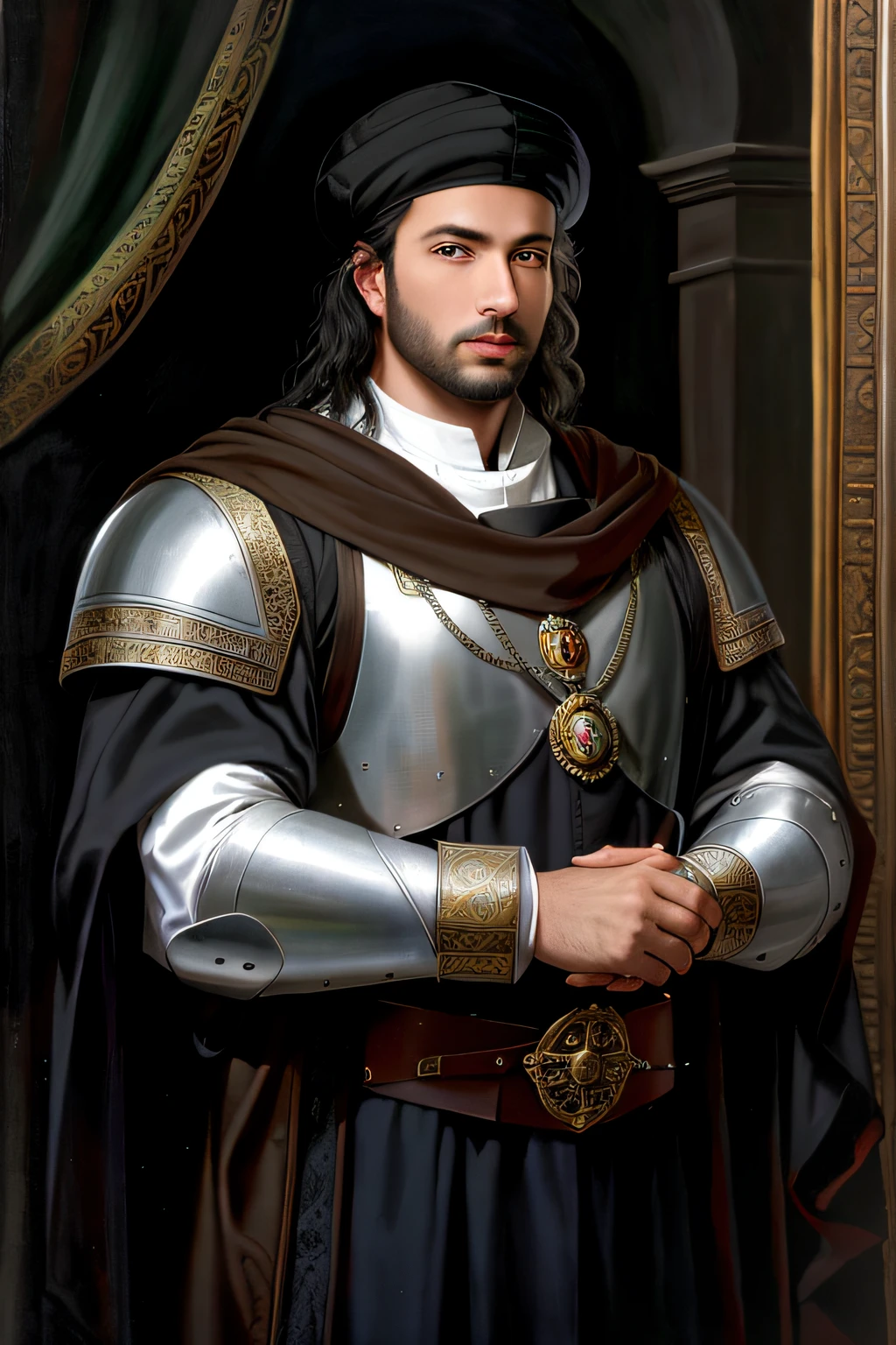 arafed man in a black and silver outfit and a black hat, portrait of a medieval nobleman, portrait of knight, portrait of a knight, portrait of a medieval old king, majesty in noble clothes, portrait of medieval old king, full portrait of magical knight, renaissance digital painting, arsen lupin as a paladin, casimir art, medieval portrait