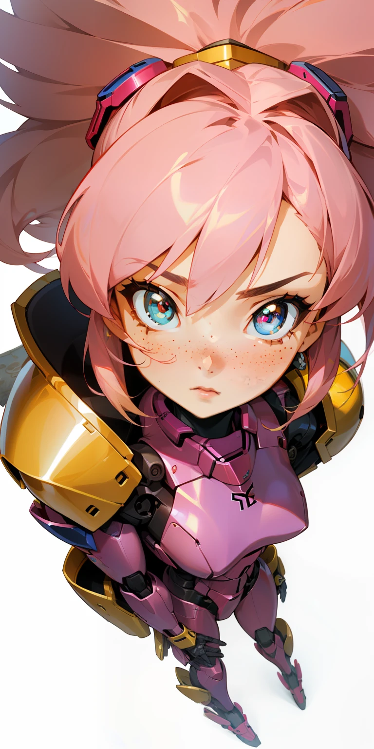 Octane Rendering,full view,8k --niji 5, (best quality, masterpiece, ultra-realistic), portrait of 1 beautiful girl, (head to toe full body image), 1girls, solo, (Bubblegum Crisis style body armor: 2.0), (Knight Saber body armor), female shape, robotic exoskeleton, sleek design, futuristic, late 90's anime style, smooth lines, powered exoskeleton, extremely stylized, deviant art, masterpiece, highly detailed, detailed eyes, expressive detailed eyes, detailed pupils, futuristic, blush, small breasts, lots of freckles, super textured detailed skin, entire body image, full body shot, Bubblegum Crash anime,