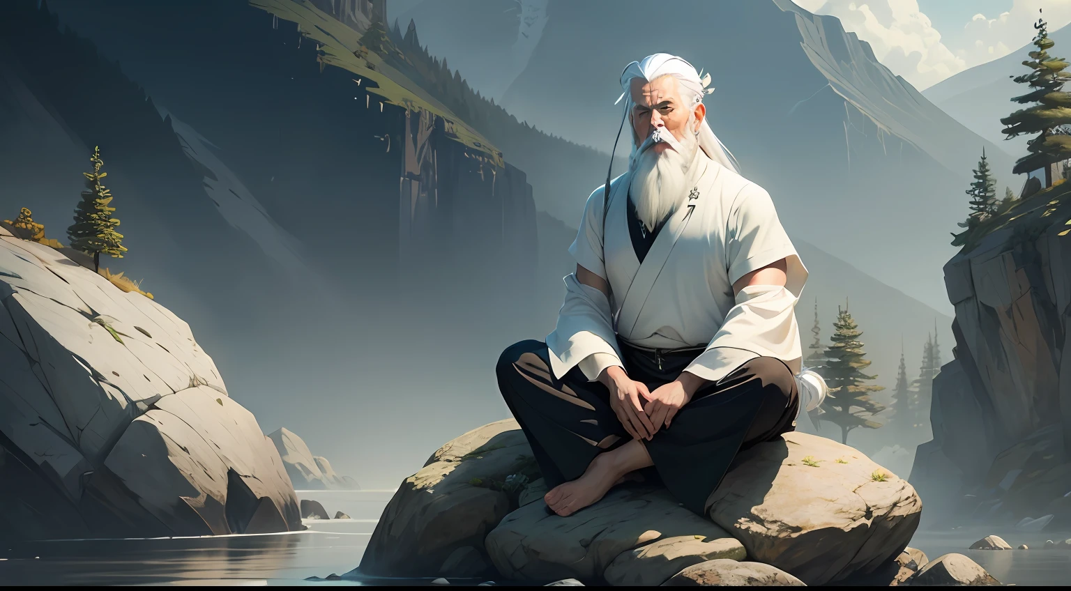 An old Zen sage with white hair and a white beard sitting on a rock --auto