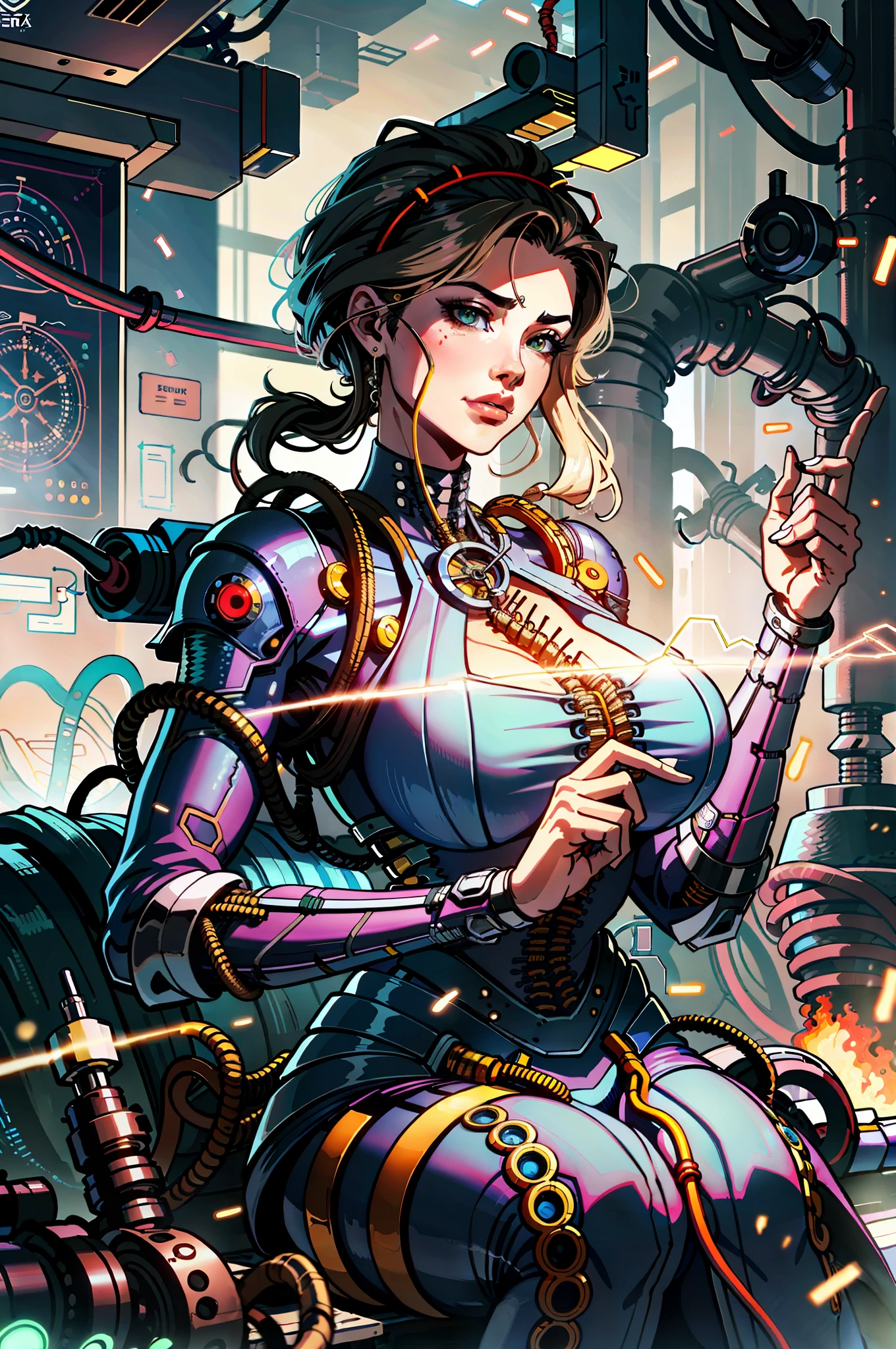 (absurdres, highres, ultra detailed), (a cyberpunk gunsmith in her workshop), huge breasts, strong, a little dirty, solo, mature, cinematic light,(machine made joints:1.2),((machanical limbs)),(vessels connected to tubes),(mechanical vertebra attaching to back),((mechanical cervial attaching to neck)),(sitting),expressionless,(wires and cables attaching to neck:1.2),(wires and cables on head:1.2)(character focus),science fiction