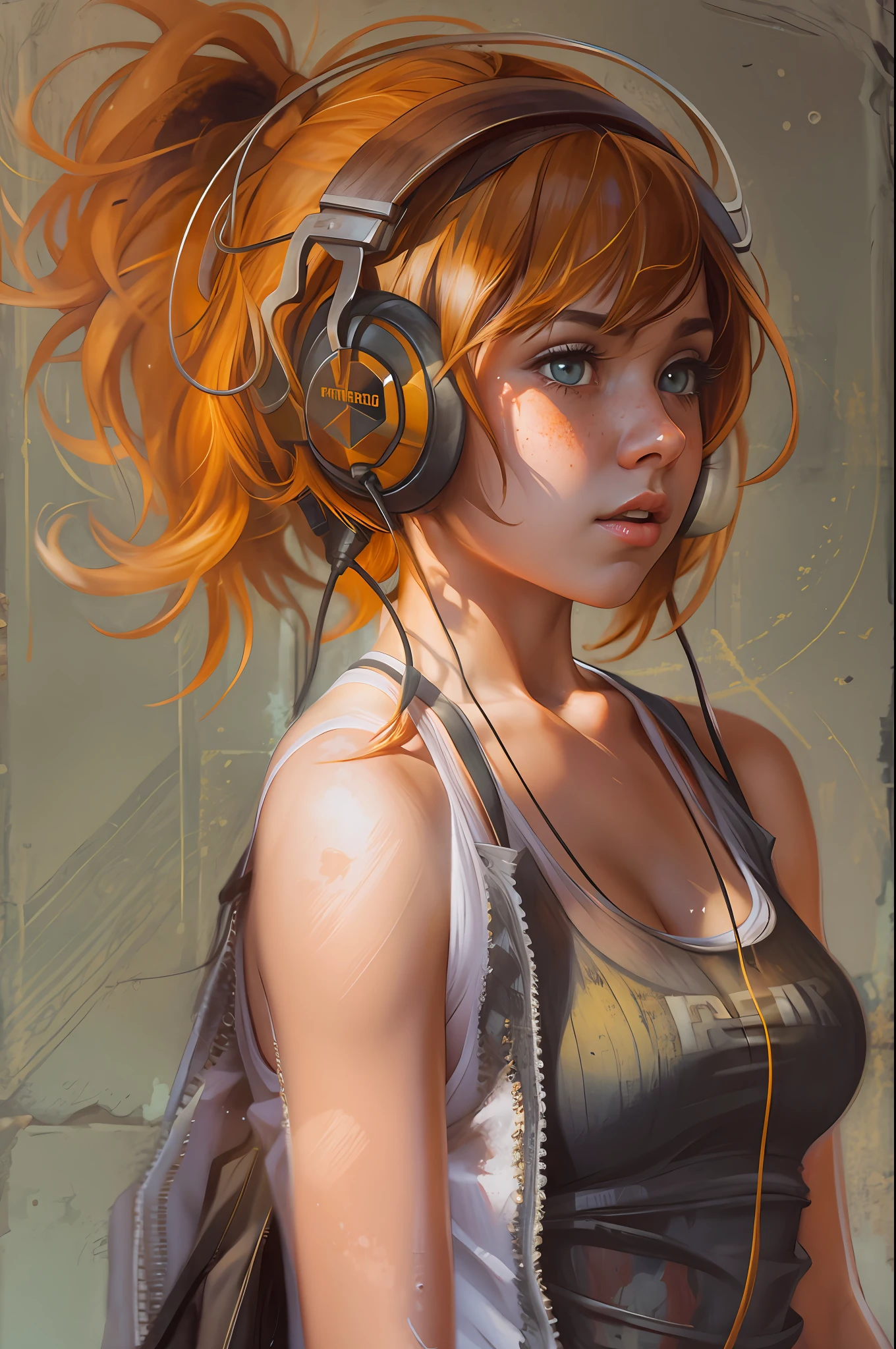 (young girl, isabelmoner-smf, dora), (hyper-realistic), very short orange hair, green eyes, freckles, white tank top, mini shorts, sport, sweaty, middle breasts, headphones, aesthetics, cinematic, ambient light, sampler: dpm++ 2m karras,svg smoothing, (oil painting:0.75), (splash art:0.75),(teal:0.2),(orange:0.2), (by Jeremy Mann:0.5), (by John Constable:0.1),(by El Greco:0.5),(acrylic paint:0.75), 8k