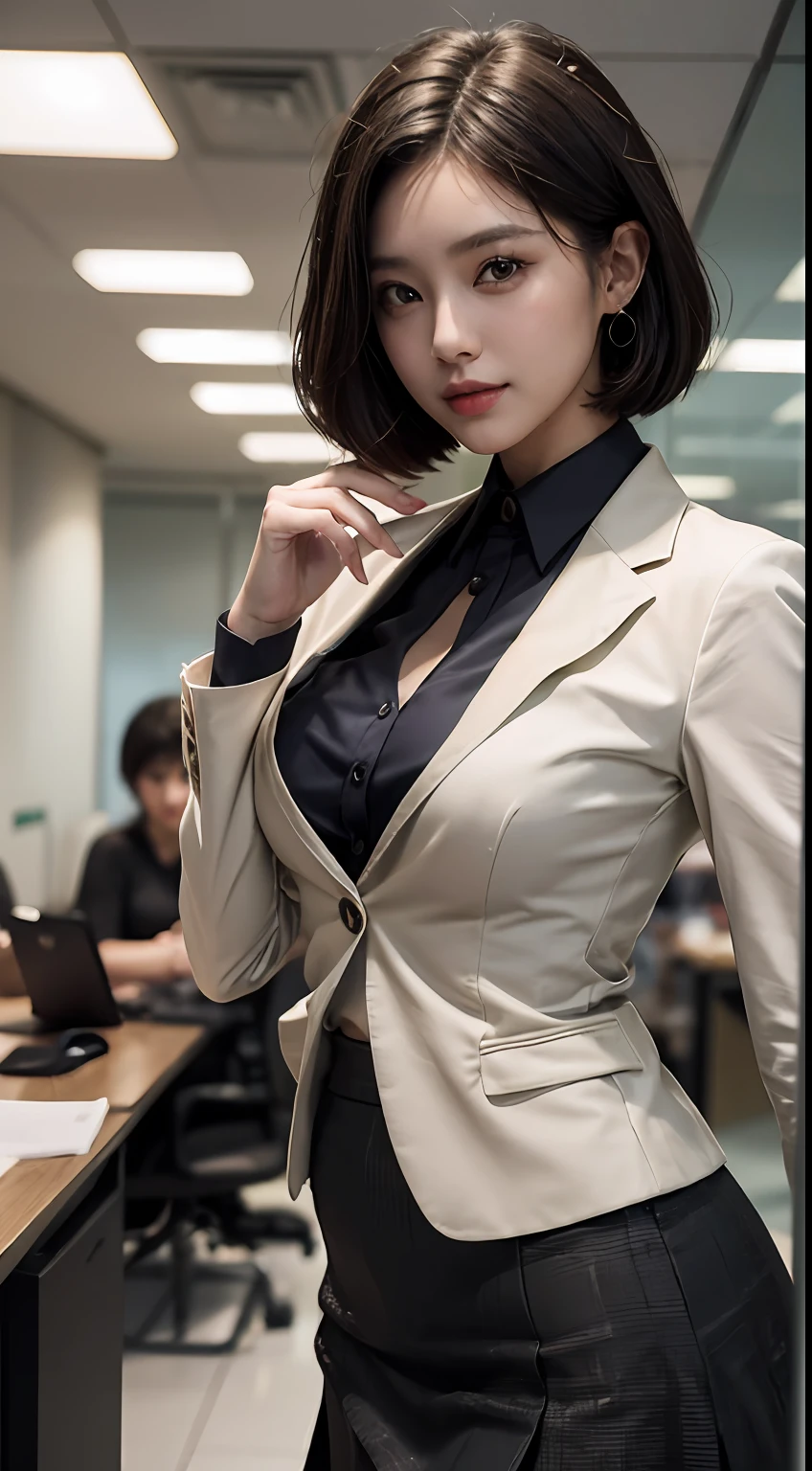 Smiling Woman, (((shorth hair))), Business suits,((long  skirt))，(​masterpiece, top-quality, Near and far law), Beautiful expression, in 8K, Raw foto, Photorealsitic, film grains, chromatic abberation, hight resolution, ultra-detailliert, finely detail, 动态照明, Dramatic Lighting、shadowy、extremely detailed eye and face、Round pupils、(((Modern and luxurious office)))、long legged