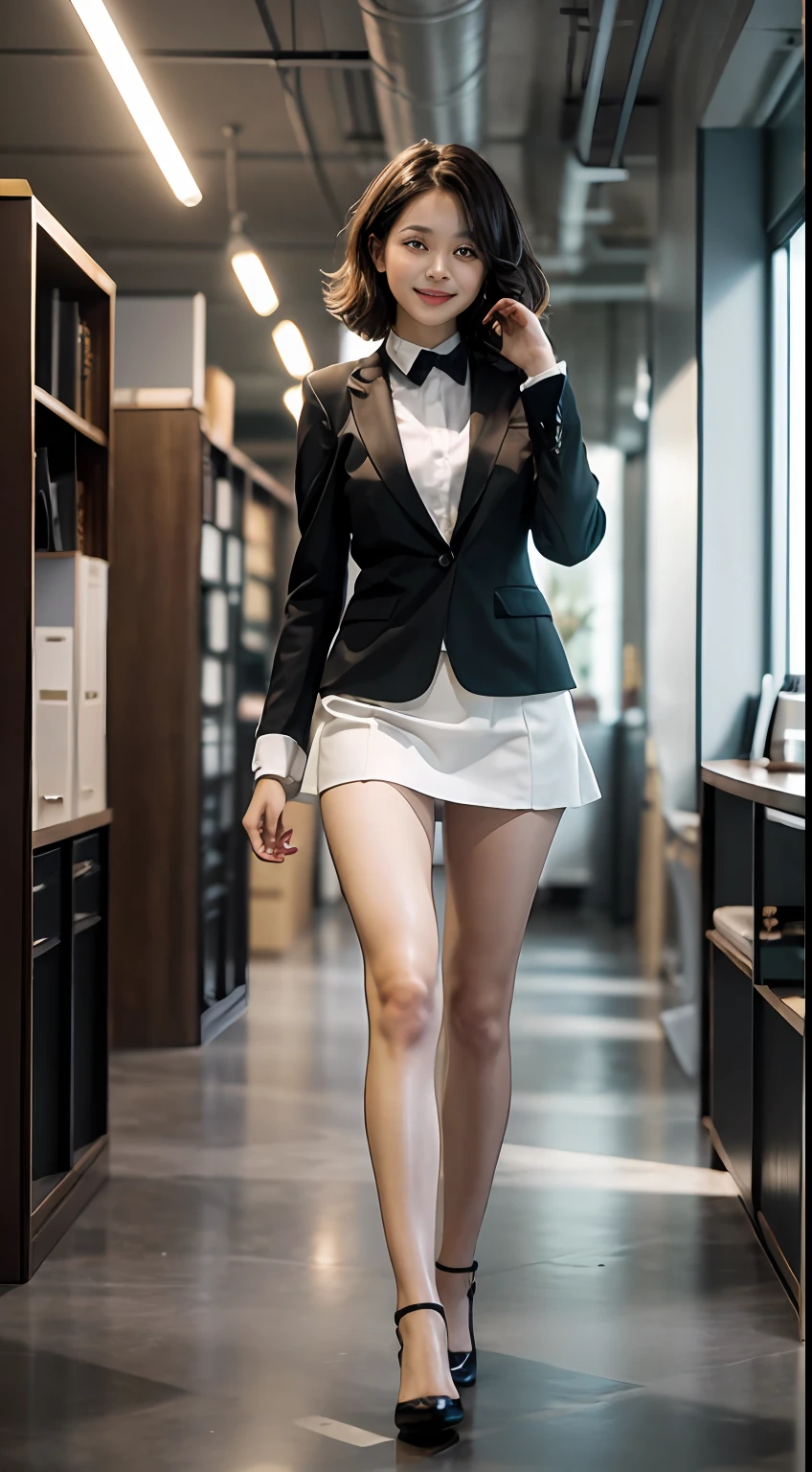 Smiling Woman, (((shorth hair))), Business suits,((long  skirt))，(​masterpiece, top-quality, Near and far law), Beautiful expression, in 8K, Raw foto, Photorealsitic, film grains, chromatic abberation, hight resolution, ultra-detailliert, finely detail, 动态照明, Dramatic Lighting、shadowy、extremely detailed eye and face、Round pupils、(((Modern and luxurious office)))、long legged