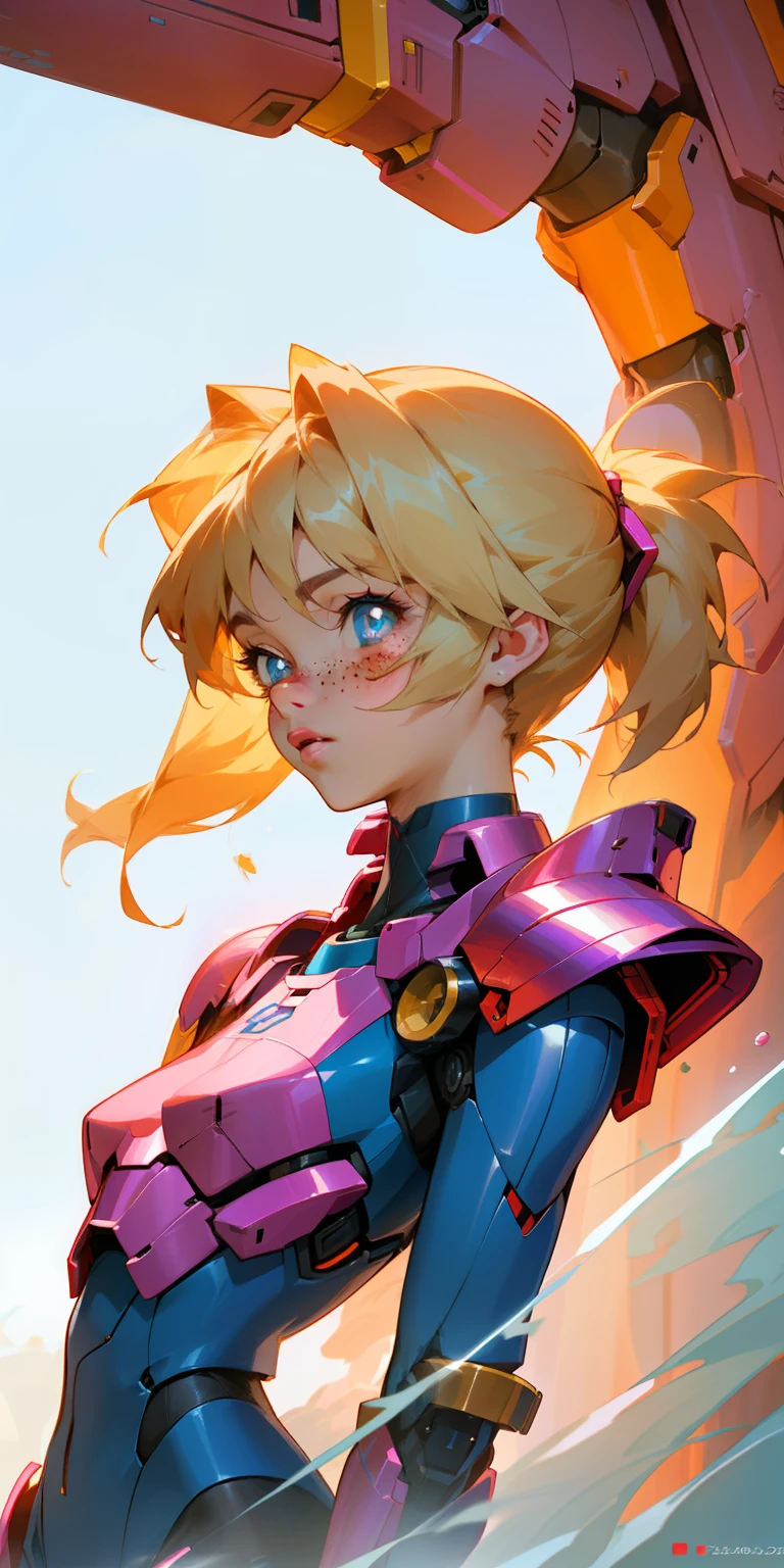 Octane Rendering,full view,8k --niji 5, (best quality, masterpiece, ultra-realistic), portrait of 1 beautiful girl, (head to toe full body image), 1girls, solo, wearing a helmet, (Bubblegum Crisis style body armor: 2.0), (Knight Saber body armor), female shape, robotic exoskeleton, sleek design, futuristic, late 90's anime style, smooth lines, powered exoskeleton, extremely stylized, deviant art, masterpiece, highly detailed, detailed eyes, expressive detailed eyes, detailed pupils, futuristic, blush, small breasts, lots of freckles, super textured detailed skin, entire body image, full body shot, Bubblegum Crash anime,