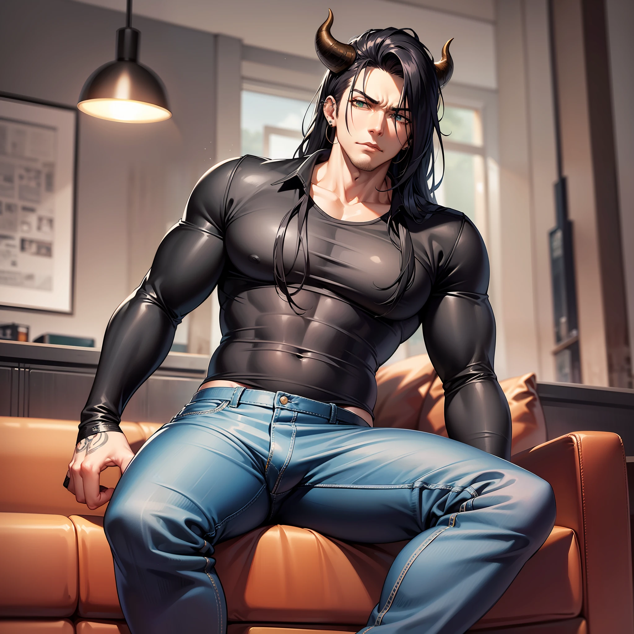 Handsome male, black hair, long hair, emerald eyes, detailed body, detailed hands, black shirt, black denim jeans, sitting on couch, nightfall, huge bulge in pants, horns, piercings, long sleeve shirt, manly, arrogant expression, buff man, handsome