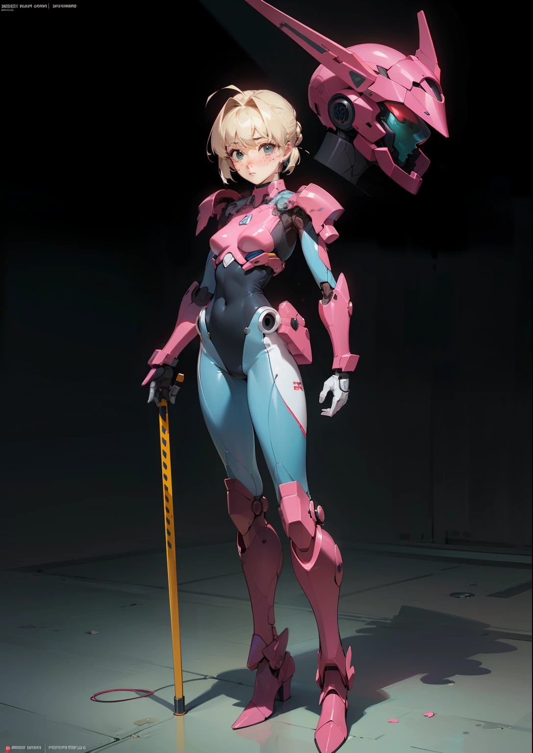Octane Rendering,full view,8k --niji 5, (best quality, masterpiece, ultra-realistic), head and face covered with helmet, (head to toe full body image), 1girls, solo, (Bubblegum Crisis style body armor: 2.0), (Knight Saber body armor), female shape, robotic exoskeleton, sleek design, futuristic, late 90's anime style, smooth lines, powered exoskeleton, extremely stylized, deviant art, masterpiece, highly detailed, tokyo cyberpunk style, futuristic, blush, small breasts, lots of freckles, super textured detailed skin, entire body image, full body shot, Bubblegum Crash anime,
