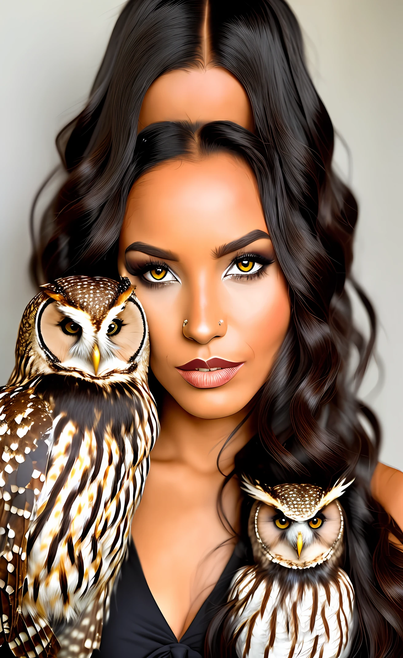 Owl woman, dark luscious brown feathers