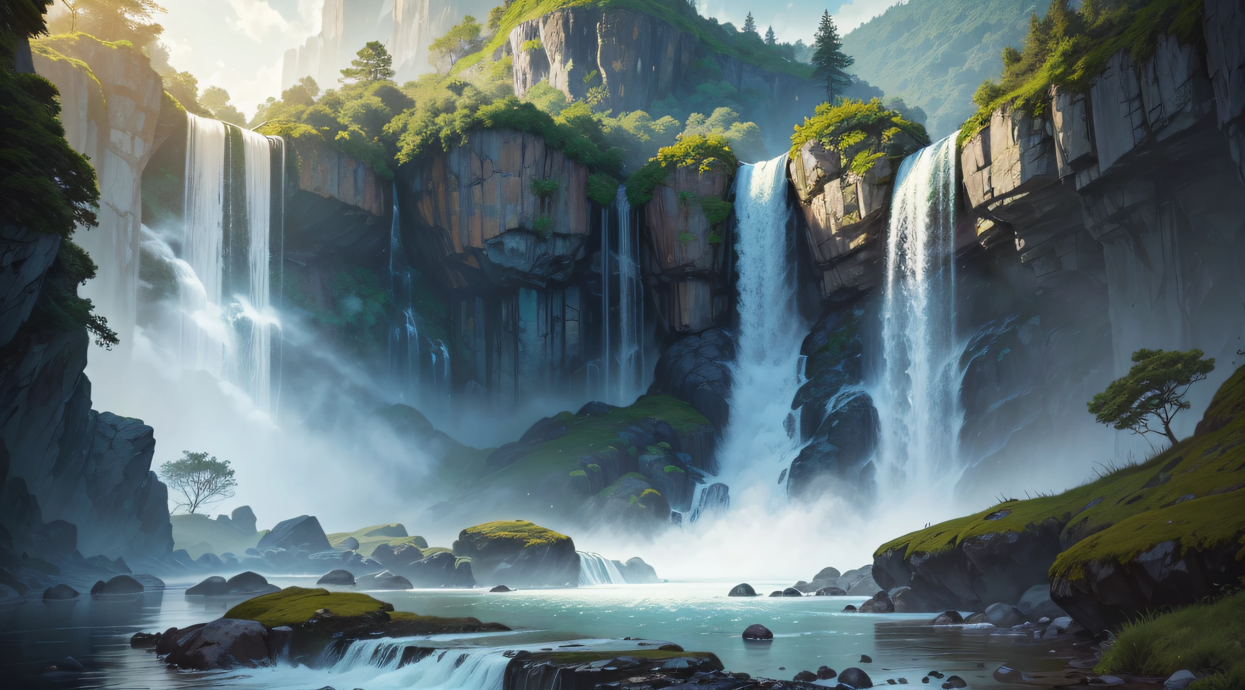 The image consists of a detailed illustration of a majestic waterfall, with crystal clear waters cascading over rocks and surrounded by lush vegetation. The waterfall is depicted in a realistic style, with vibrant colors that convey the feeling of freshness and energy.
Ao redor da cachoeira, There are mystical elements, like ancient and imposing trees, shrouded in a soft and mysterious mist. This creates a charming and mystical atmosphere, evoking the feeling of being in a sacred place and full of positive energy. --auto
