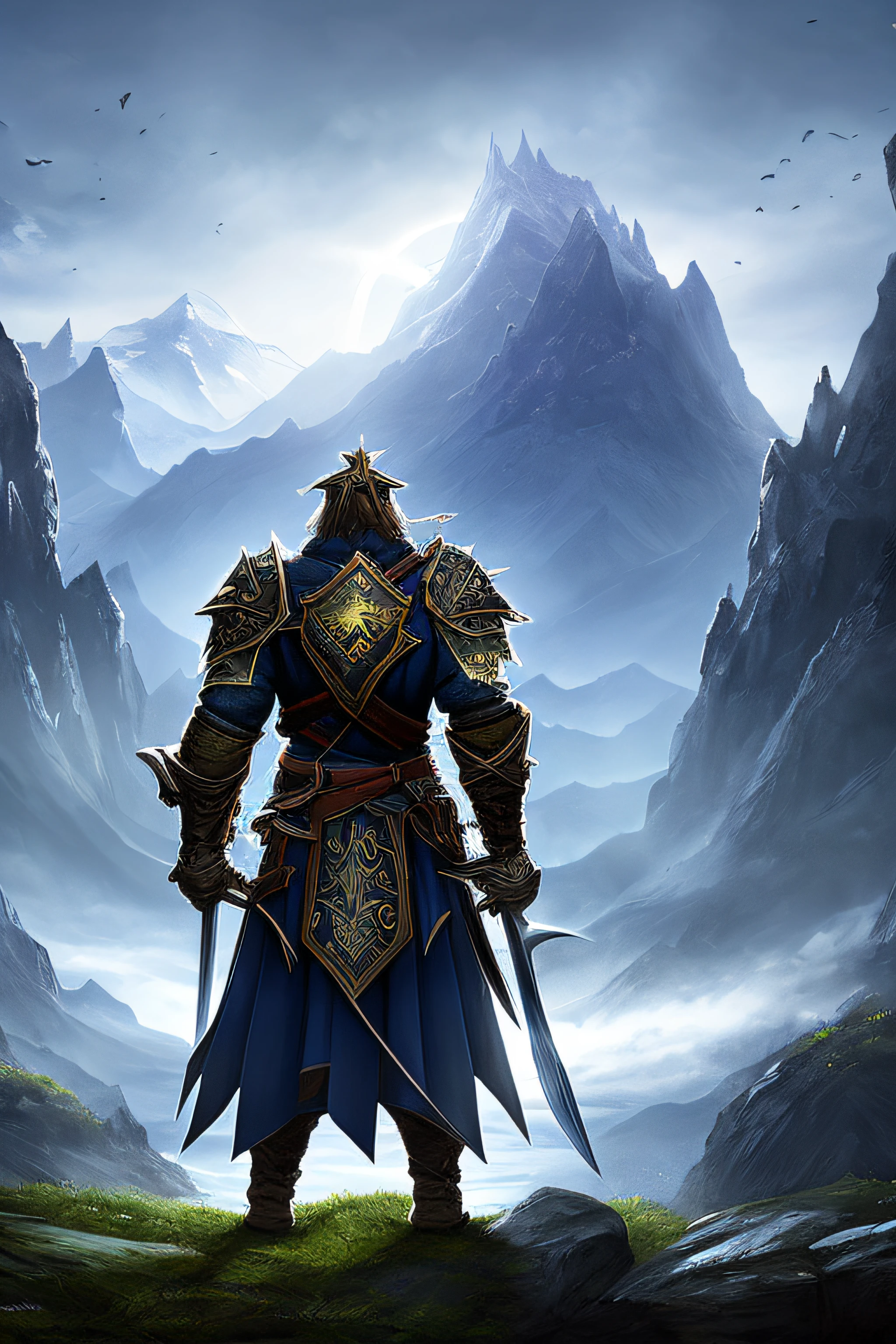1 man, darkness warrior from back with a shield and sword, mountain, castle, albion style wallpaper