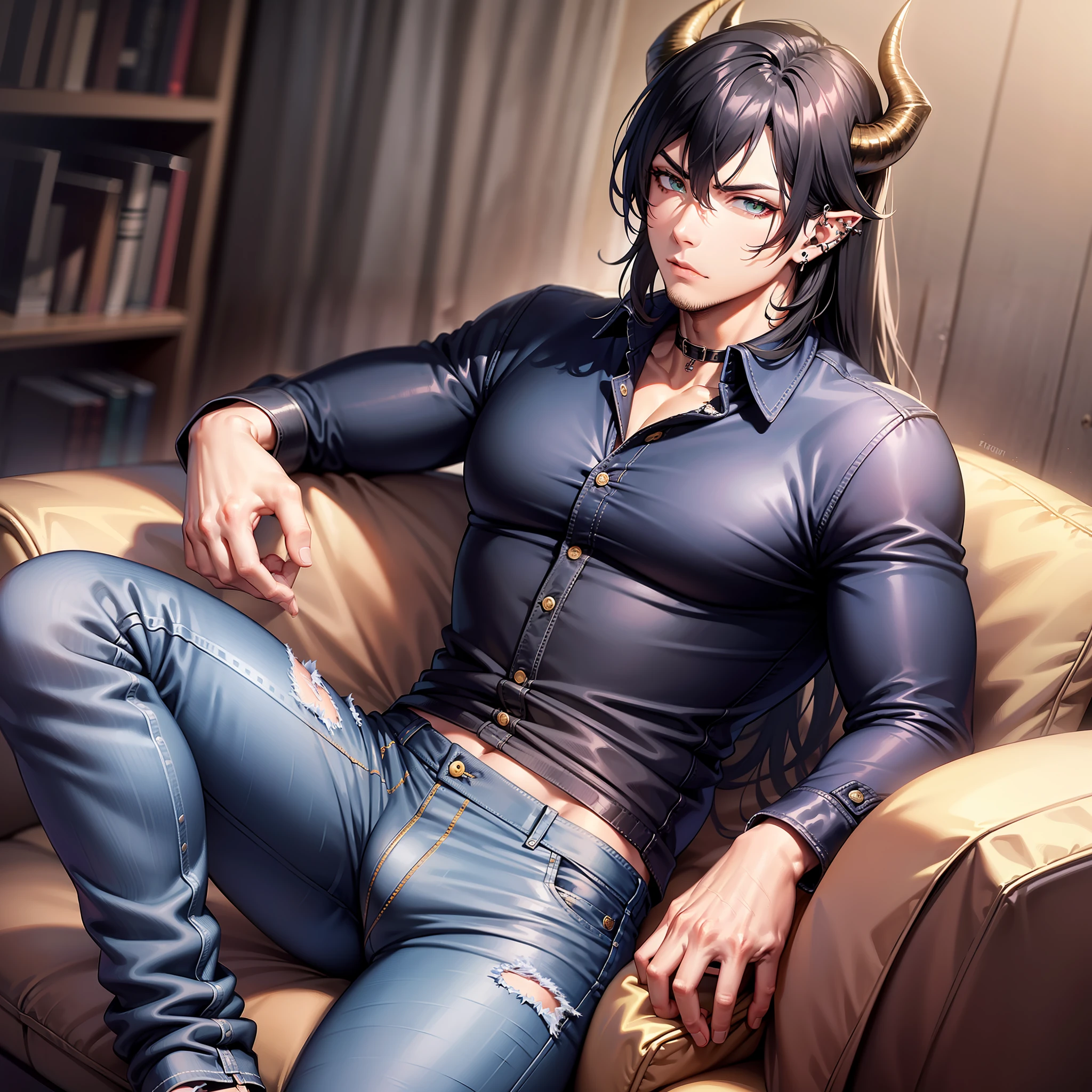 Handsome male, black hair, long hair, emerald eyes, detailed body, detailed hands, black shirt, black denim jeans, sitting on couch, nightfall, huge bulge in pants, horns, piercings, long sleeve shirt, arrogant expression, buff man, handsome