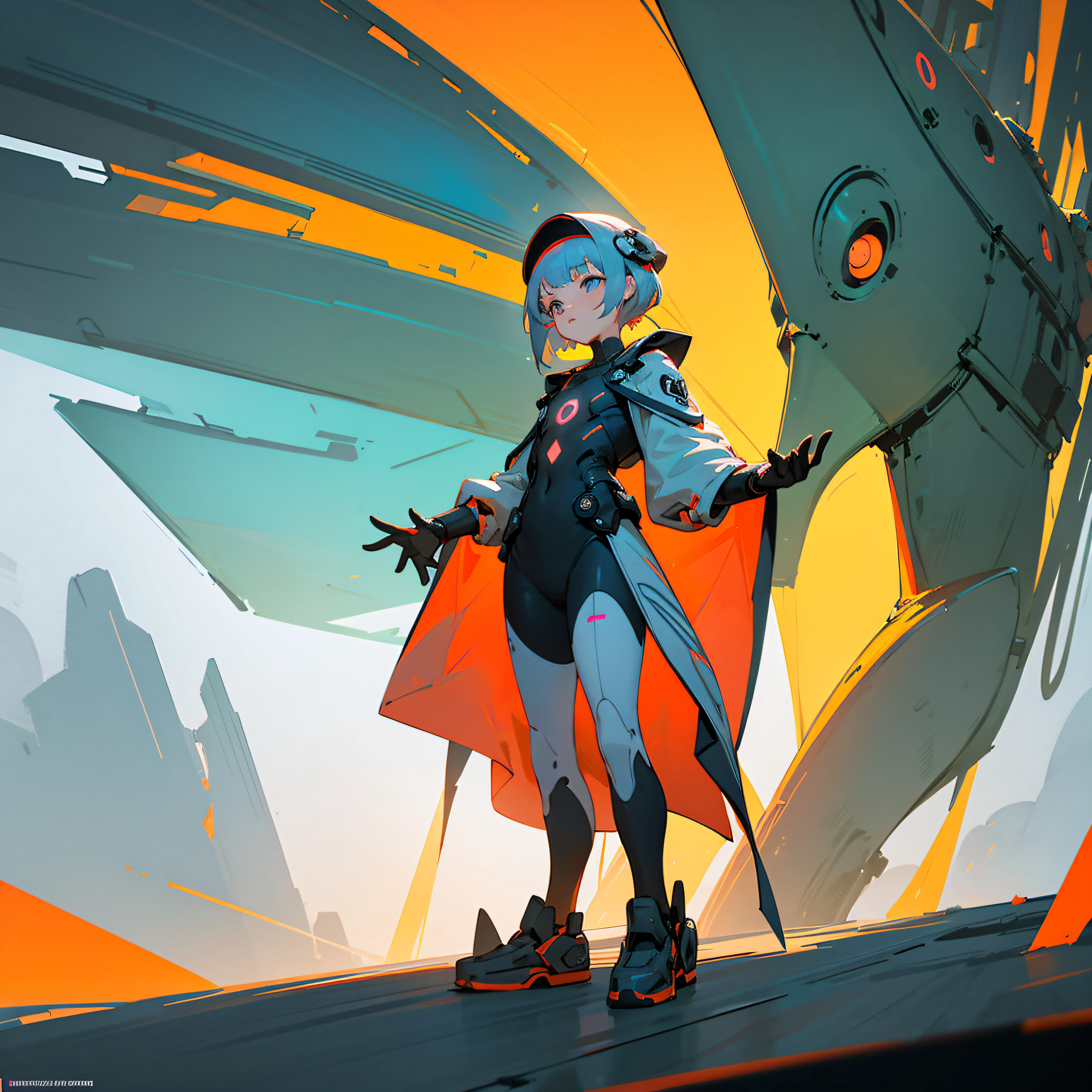 Hay una mujer vestida , olor rojo indio, color blanco, color negro, Neon yellow gray colors, con fondo blanco neon, blue neon, orange neon, , ultramoderna, standing next to an ultra-modern futuristic ship, objeto gigante, Bajo detalle. Pintura digital, WLOP y Krenz Cushart, cybernetic legs, inspirado por Craig Mullins, pies sensuales, pantorrillas contorneadas e ilustradas, Awesome Digital Illustration, inspirado por Krenz Cushart, CGsociety 9, concept art digital illustration, Pintura digital retrofuturista, inspirado por Mike Winkelmann, en el fondo un ambiente futurista de un paisaje moderno colorido. pattern, 2k, 2d, junquillo, Color rojo indio, color blanco, color negro, Neon yellow gray colors, con fondo blanco neon, blue neon, orange neon, red neon, pink neon, verde neon yellow neon, black, grey neon. --auto