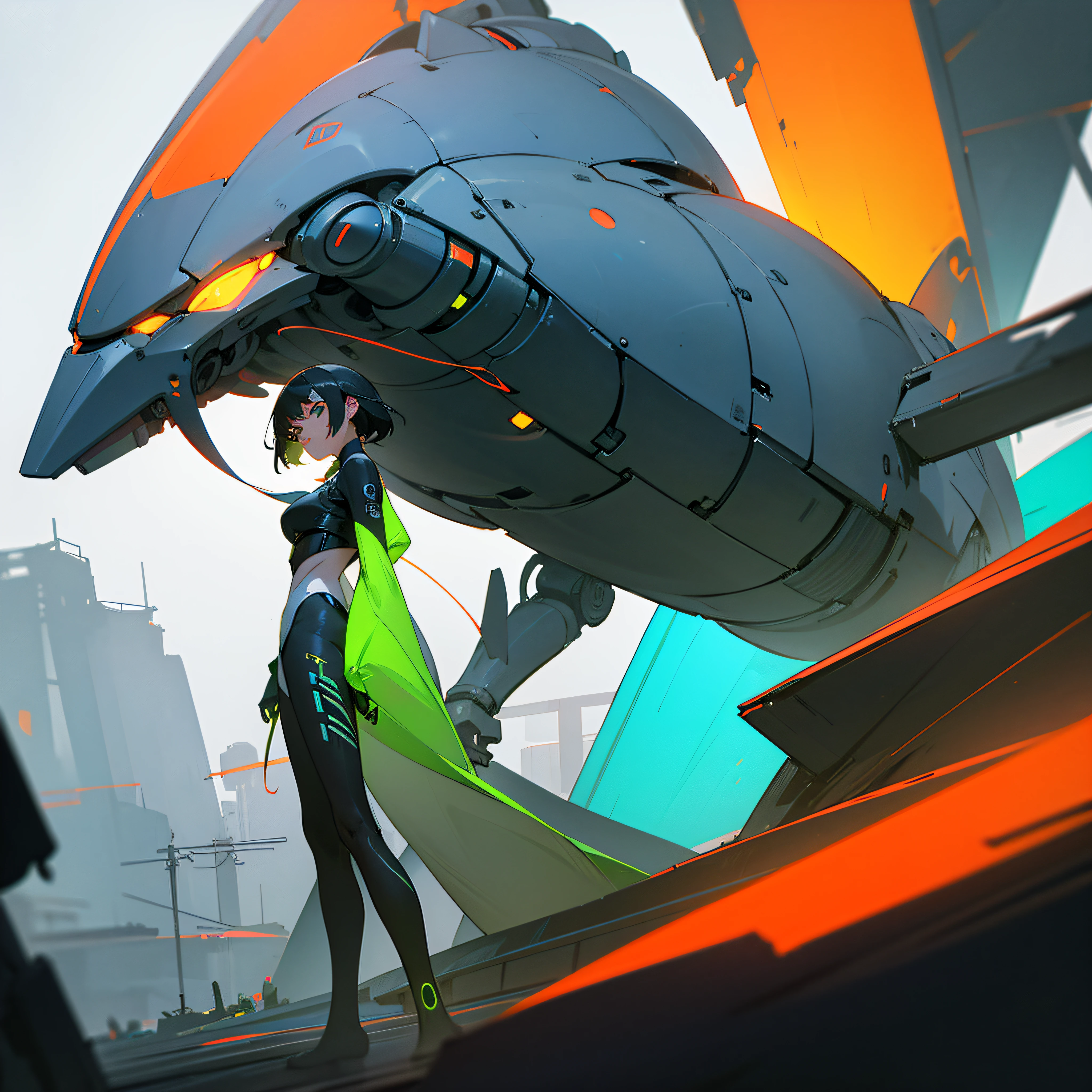 Hay una mujer vestida , olor rojo indio, color blanco, color negro, Neon yellow gray colors, con fondo blanco neon, blue neon, orange neon, , ultramoderna, standing next to an ultra-modern futuristic ship, objeto gigante, Bajo detalle. Pintura digital, WLOP y Krenz Cushart, cybernetic legs, inspirado por Craig Mullins, pies sensuales, pantorrillas contorneadas e ilustradas, Awesome Digital Illustration, inspirado por Krenz Cushart, CGsociety 9, concept art digital illustration, Pintura digital retrofuturista, inspirado por Mike Winkelmann, en el fondo un ambiente futurista de un paisaje moderno colorido. pattern, 2k, 2d, junquillo, Color rojo indio, color blanco, color negro, Neon yellow gray colors, con fondo blanco neon, blue neon, orange neon, red neon, pink neon, verde neon yellow neon, black, grey neon. --auto