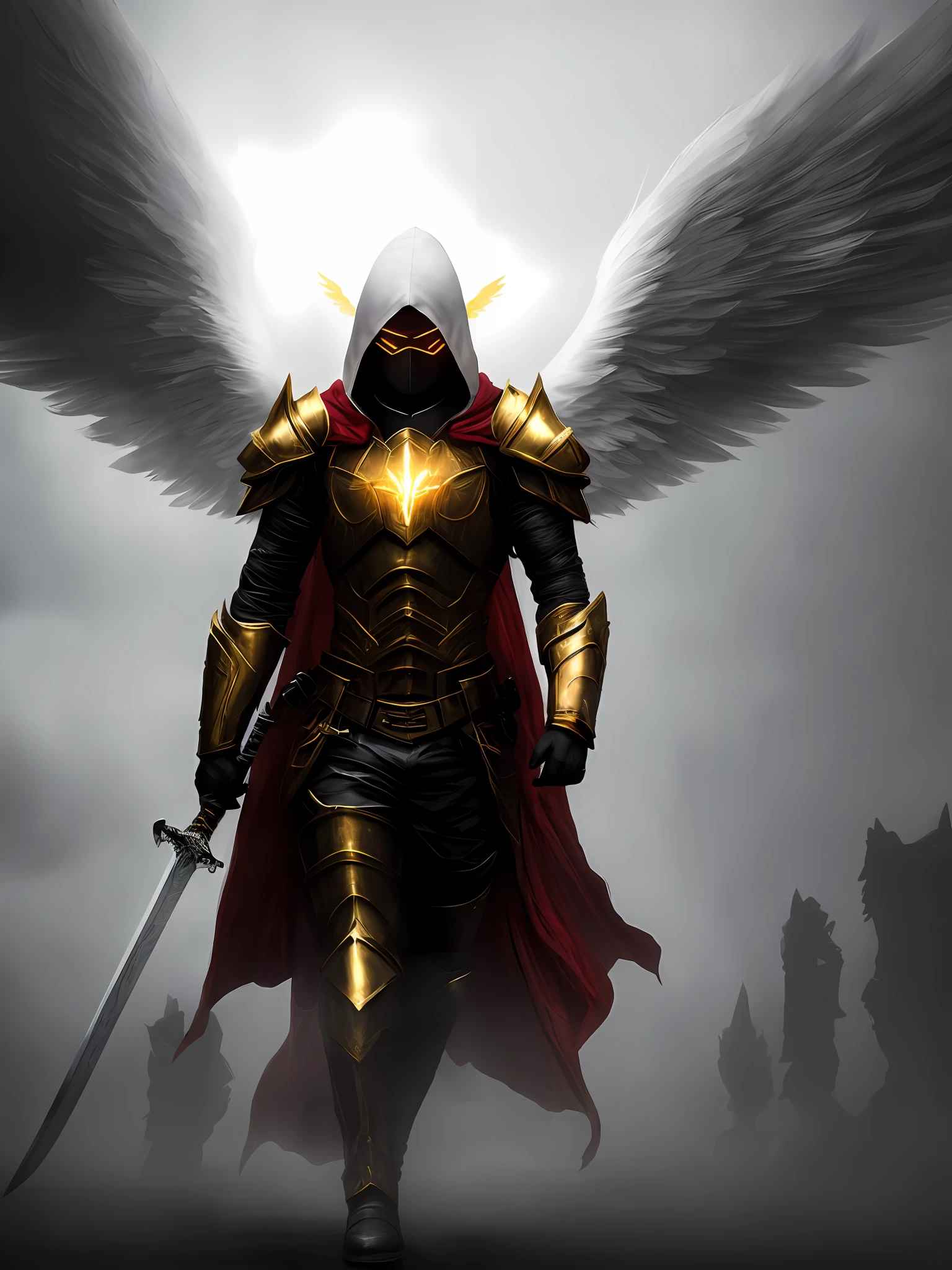1person, white angelic wings, big wings,glowing white eyes, face cover with hood, iron knight armor, red and golden color armor, holding a sword, walking forward, storm weather, foggy, rain, cinematic vibes, cinematic light, fantasy art, fantasy style,