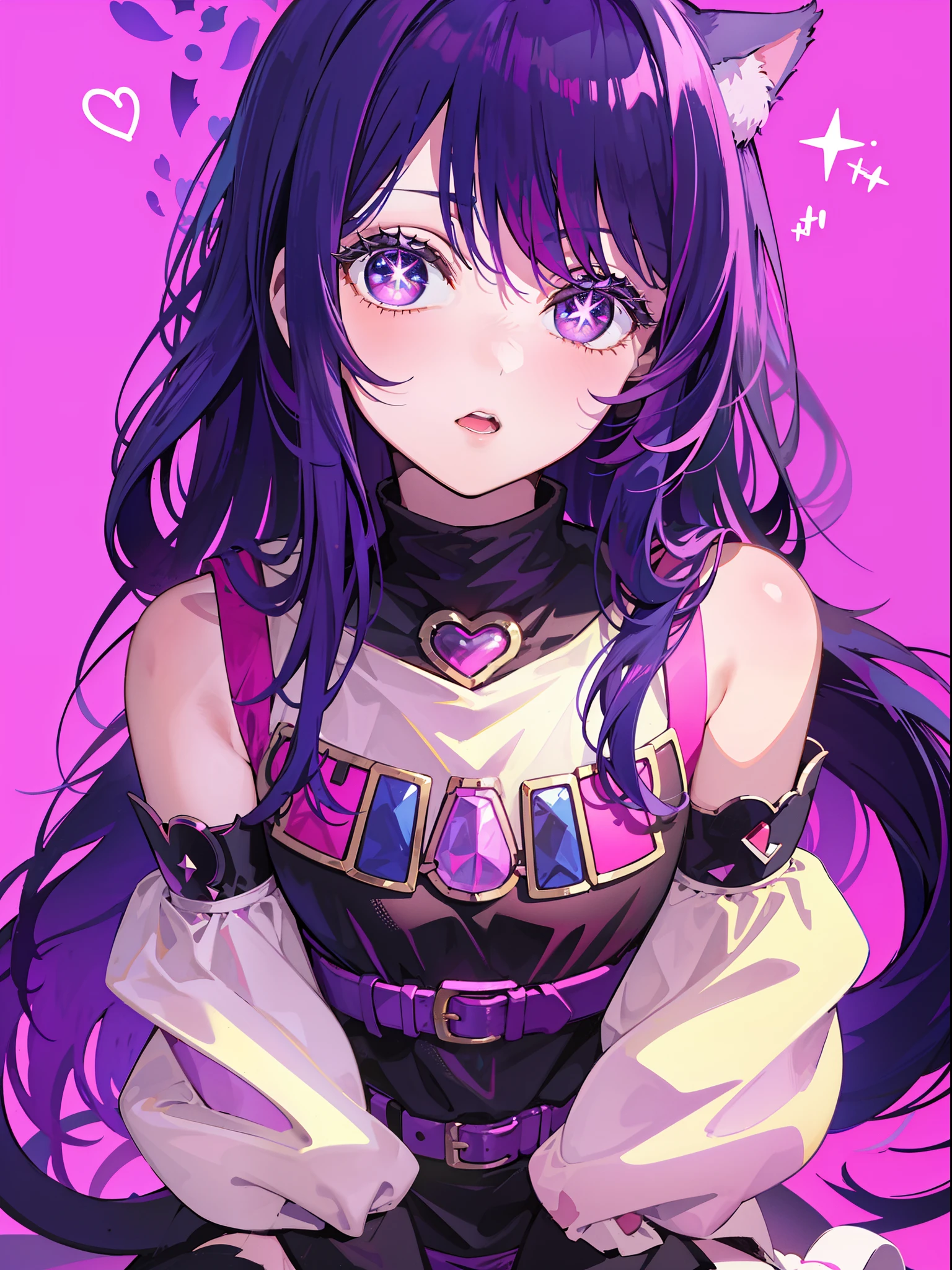 A , Shoulders Long Hair, Purple Hair, Small Purple Cat Ears, A Purple Cat Tail, Assassin Clothing, Amine Style