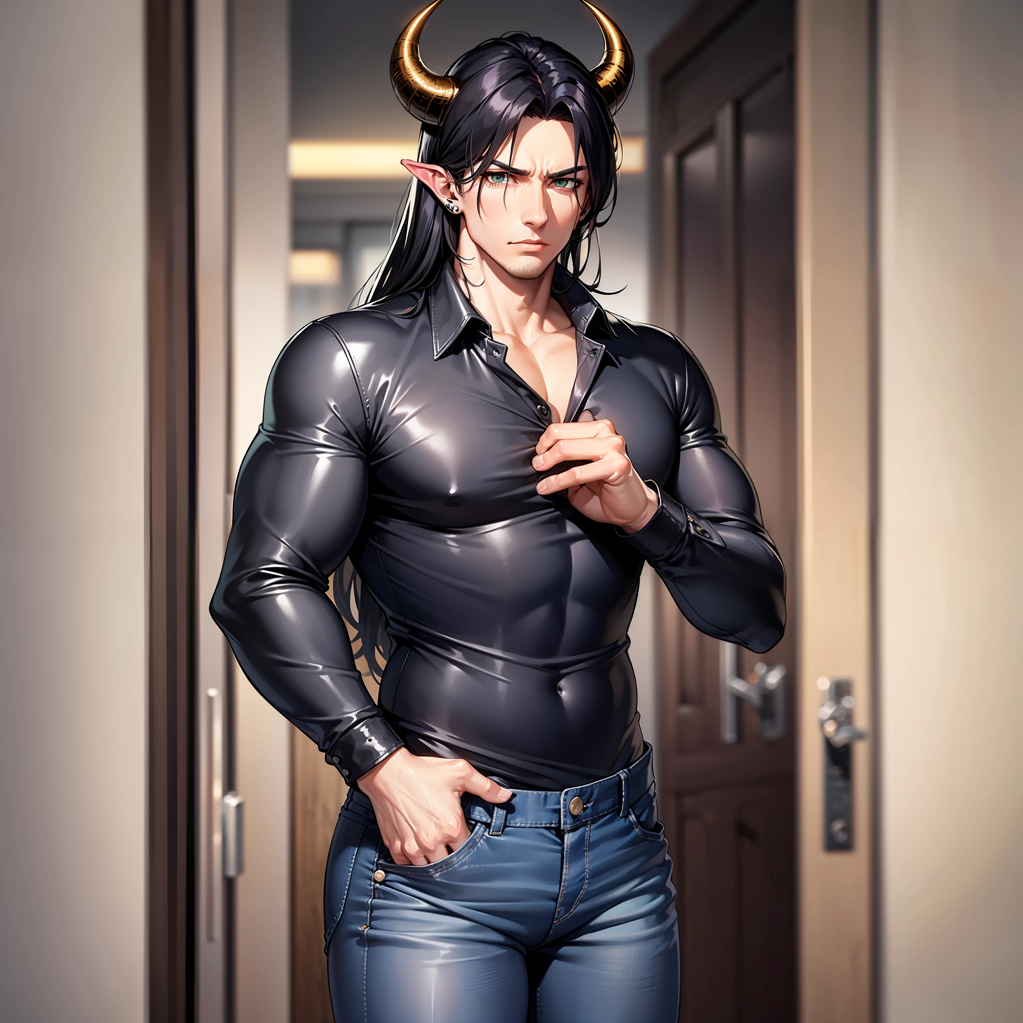 Handsome male, black hair, long hair, emerald eyes, detailed body, detailed hands, black shirt, black denim jeans, standing in the door, nightfall, huge bulge in pants, horns, piercings, long sleeve shirt, manly, arrogant expression, buff man, handsome