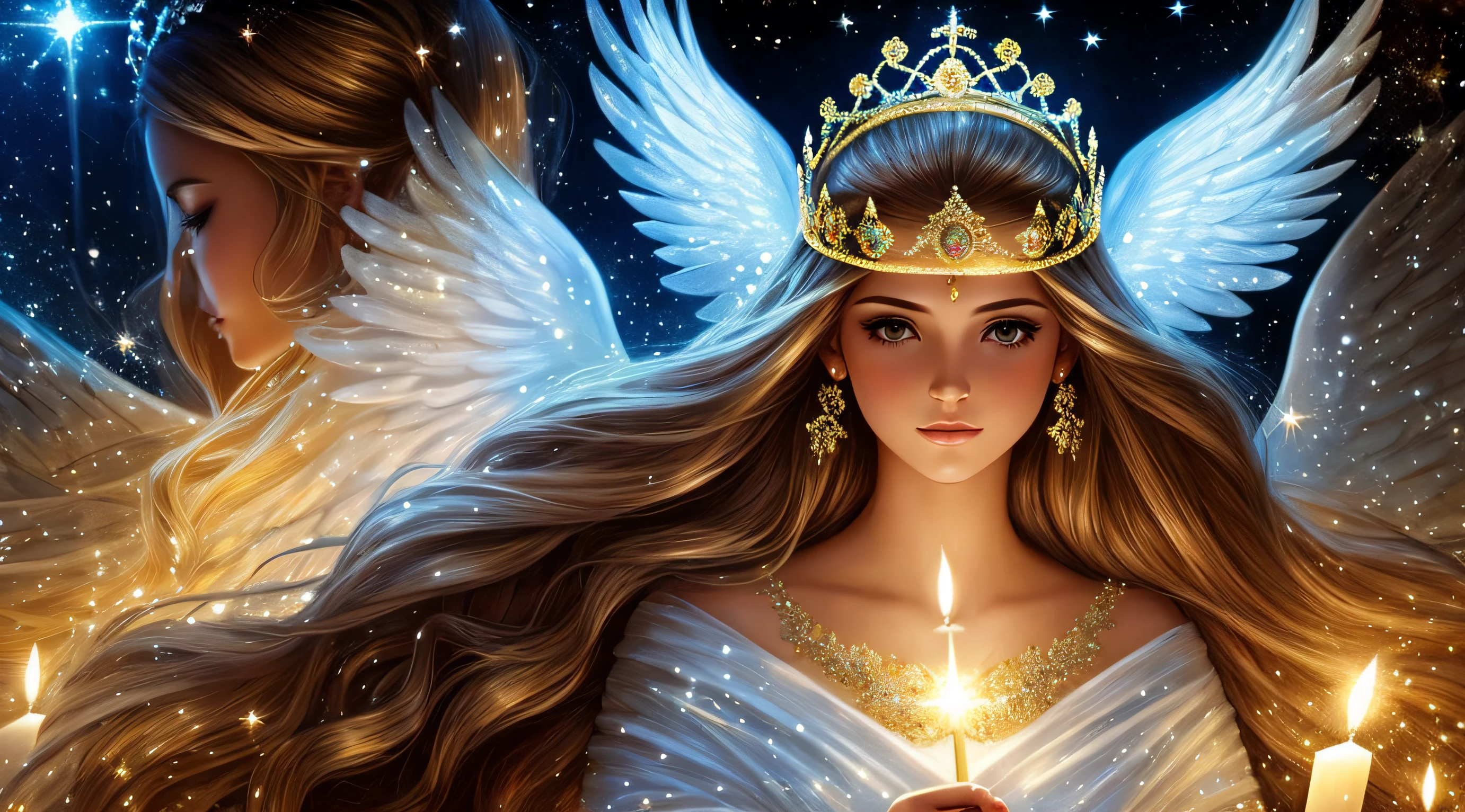 Angel woman with crown on head, cabelos loiros, roupas ornamentais, fundo luminoso do unviverso, ser celestial --auto