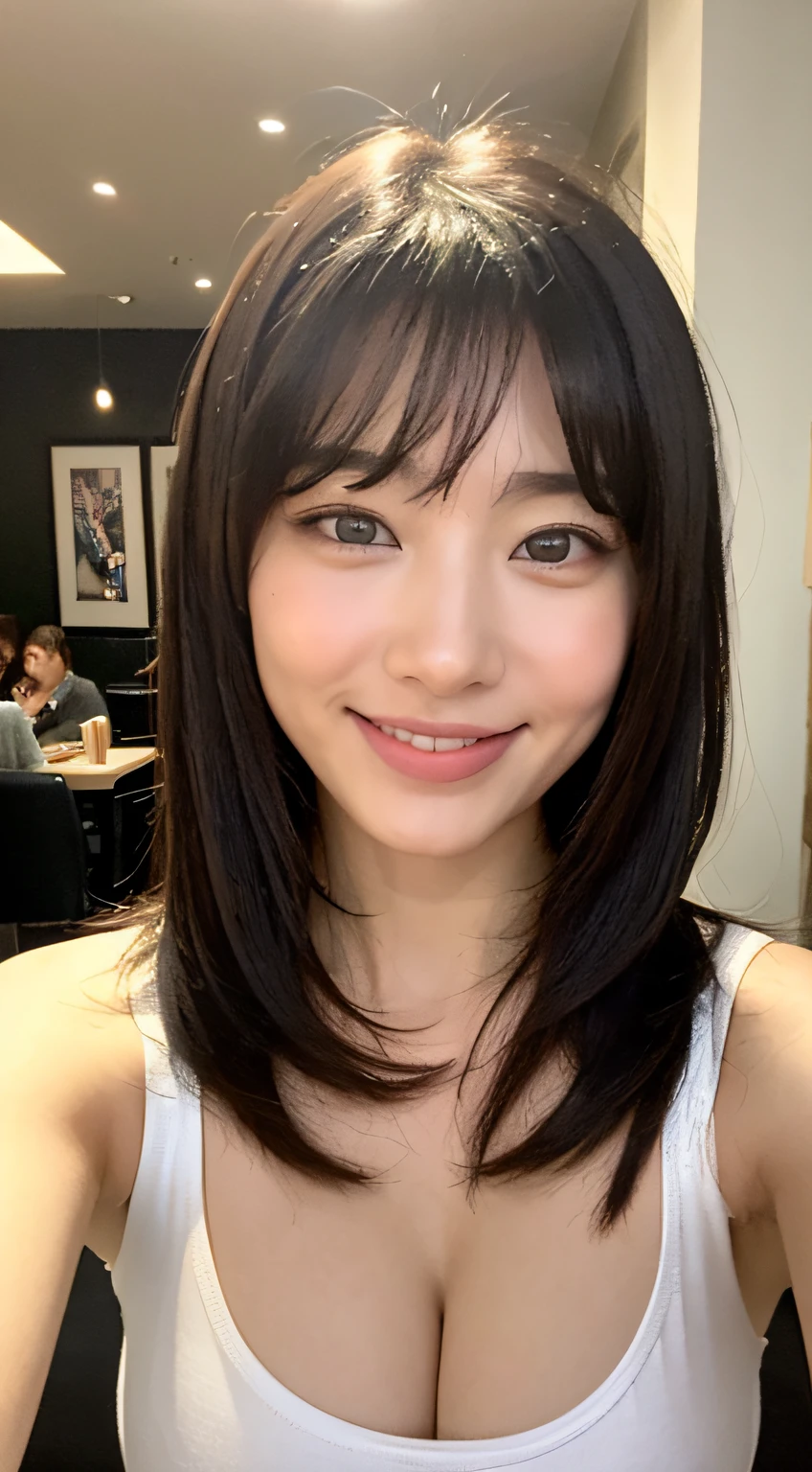 ((top-quality、8K、​masterpiece:1.3))、Shot in a café、gals、beauty legs、White T-shirt、Red miniskirt、1girl in、beautfull Japanease woman:1.3、(Longhaire、tits out:1.2)、 White T-shirt:1.2、Beautiful Women in Perfect Style：1.4、Perfect eyes、Even-eyed、Natural smile、Perfect iris、Perfect lips、flawless skin、no moles、Super Detail Face、Delicat eyes、二重まぶた、Soft breasts、A smile、Exposed cleavage、put your hair up