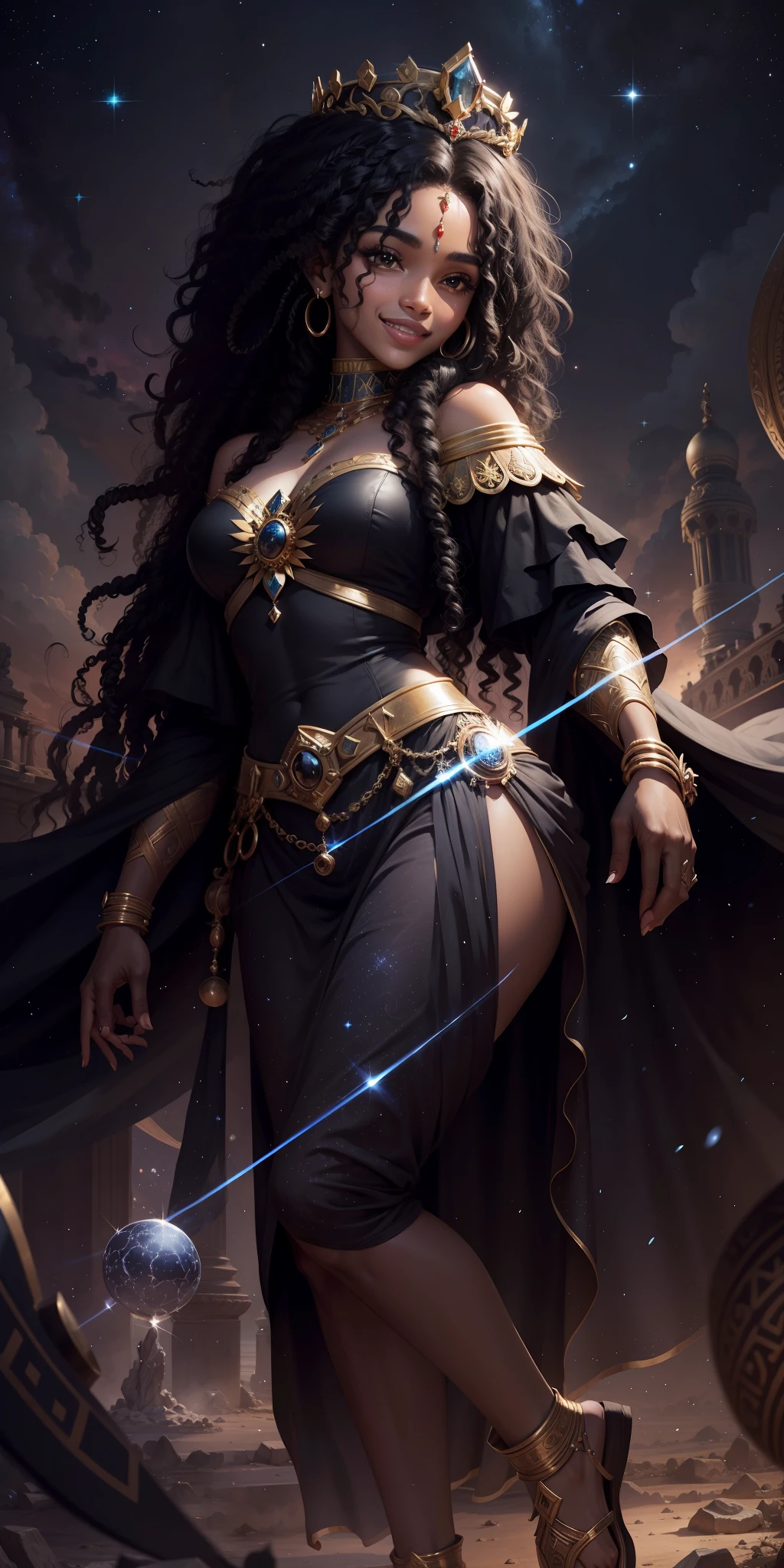 Cassiopeia the queen of ancient Ethiopia, black hair, curly hair, smile