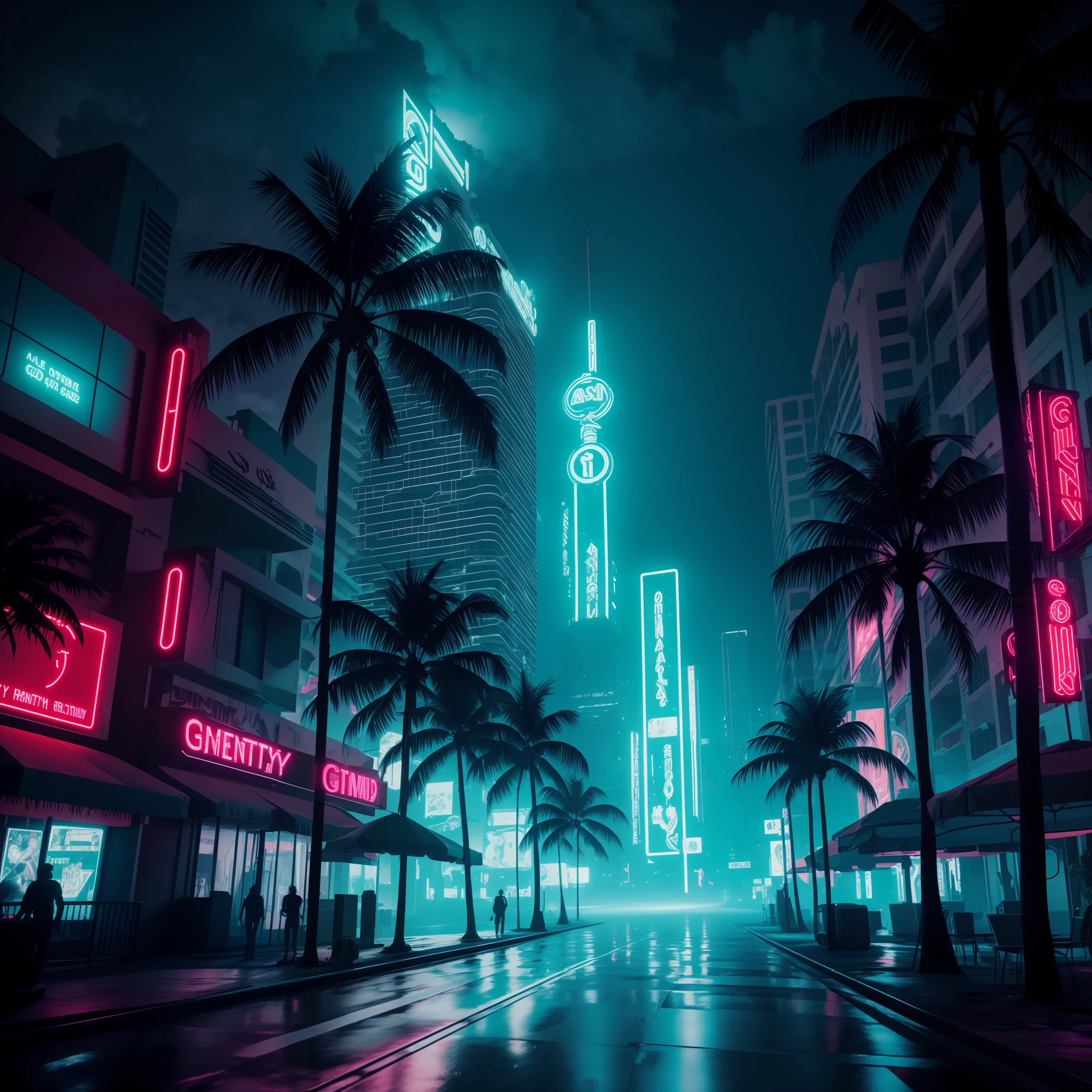 extremely detailed CG unity 8k wallpaper, masterpiece, palm tree, Miami, best quality, long shot, cyberpunk, ghostly setting, mist, volumetric light, neon lights, animatronic figures, ruined structures, grunge textures