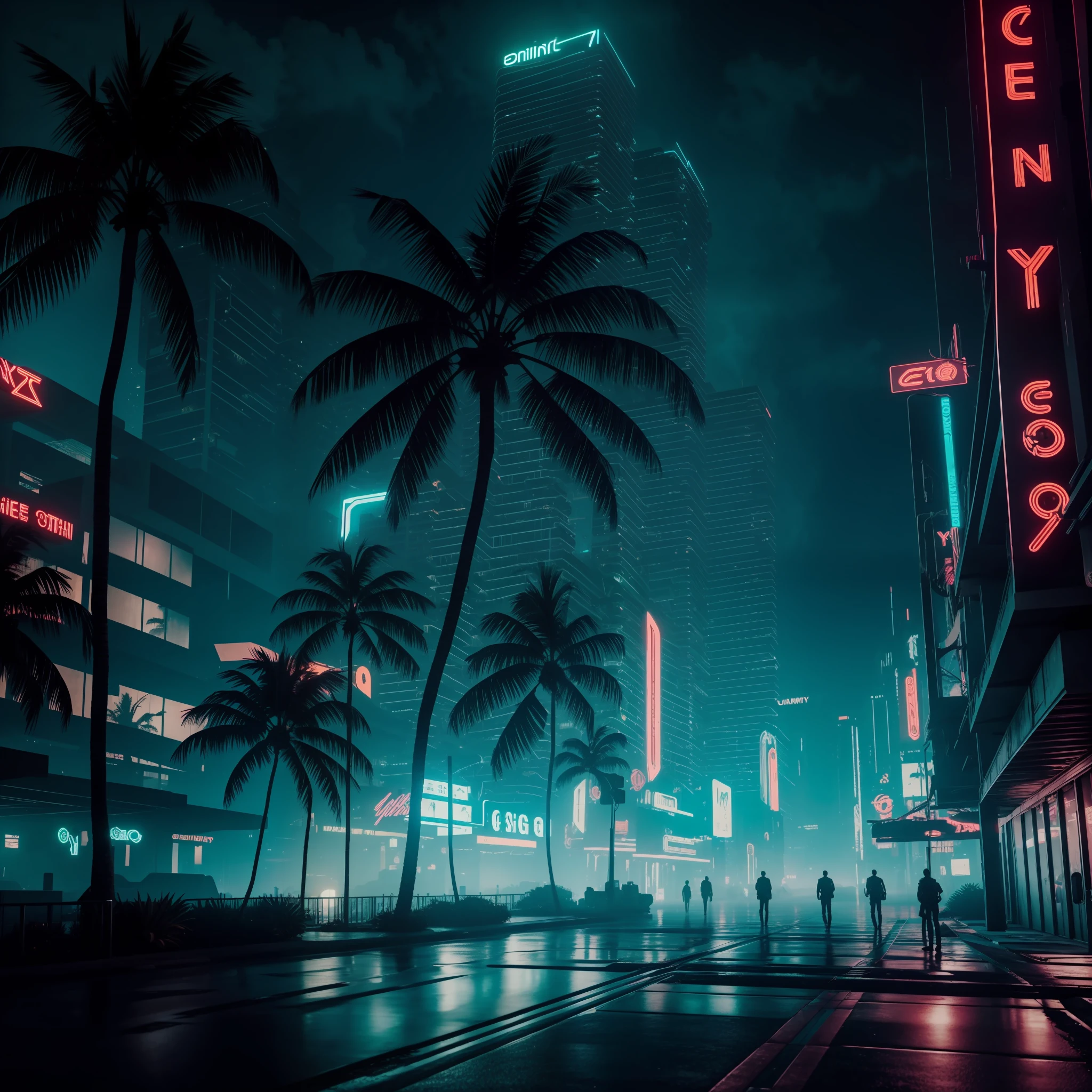 extremely detailed CG unity 8k wallpaper, masterpiece, palm tree, Miami, best quality, long shot, cyberpunk, ghostly setting, mist, volumetric light, neon lights, animatronic figures, ruined structures, grunge textures