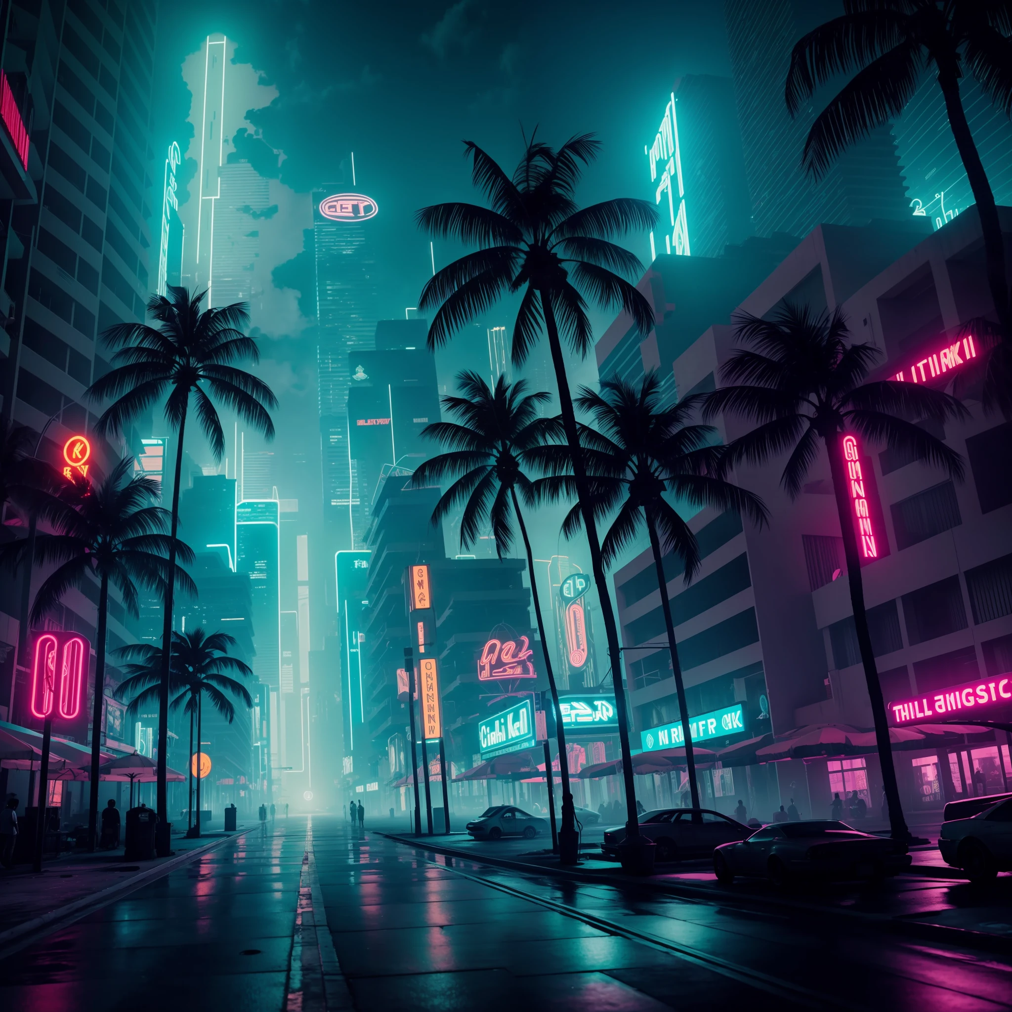 extremely detailed CG unity 8k wallpaper, masterpiece, palm tree, Miami, best quality, long shot, cyberpunk, ghostly setting, mist, volumetric light, neon lights, animatronic figures, ruined structures, grunge textures