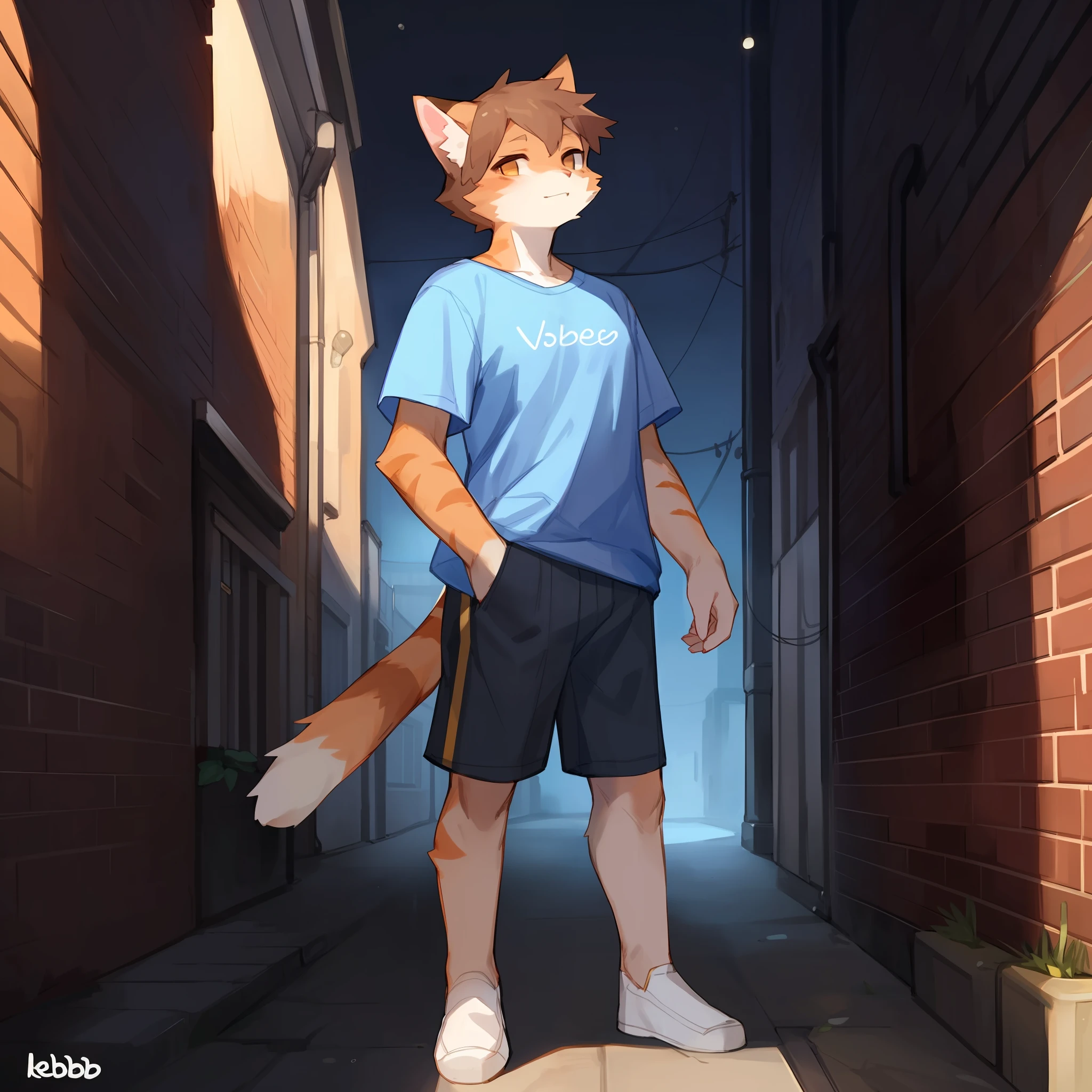 Orange cat girl with brown hair standing in an alleyway while wearing a blue Weezer shirt, ((by bebebebebe))