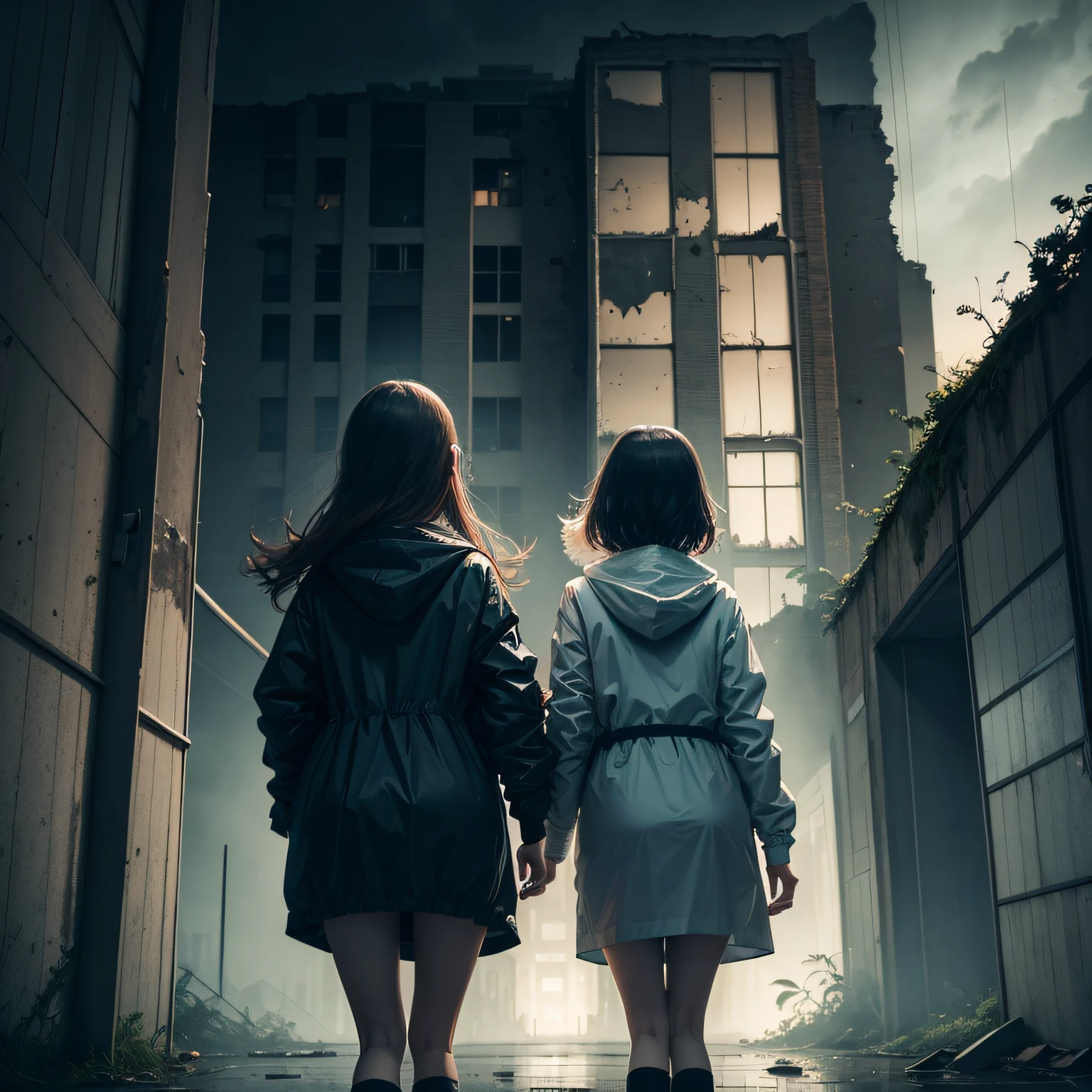 girls running out of an abandoned school wearing raincoats looking at the huge building on a dark and rainy night with a ghost visible in the window horror style
