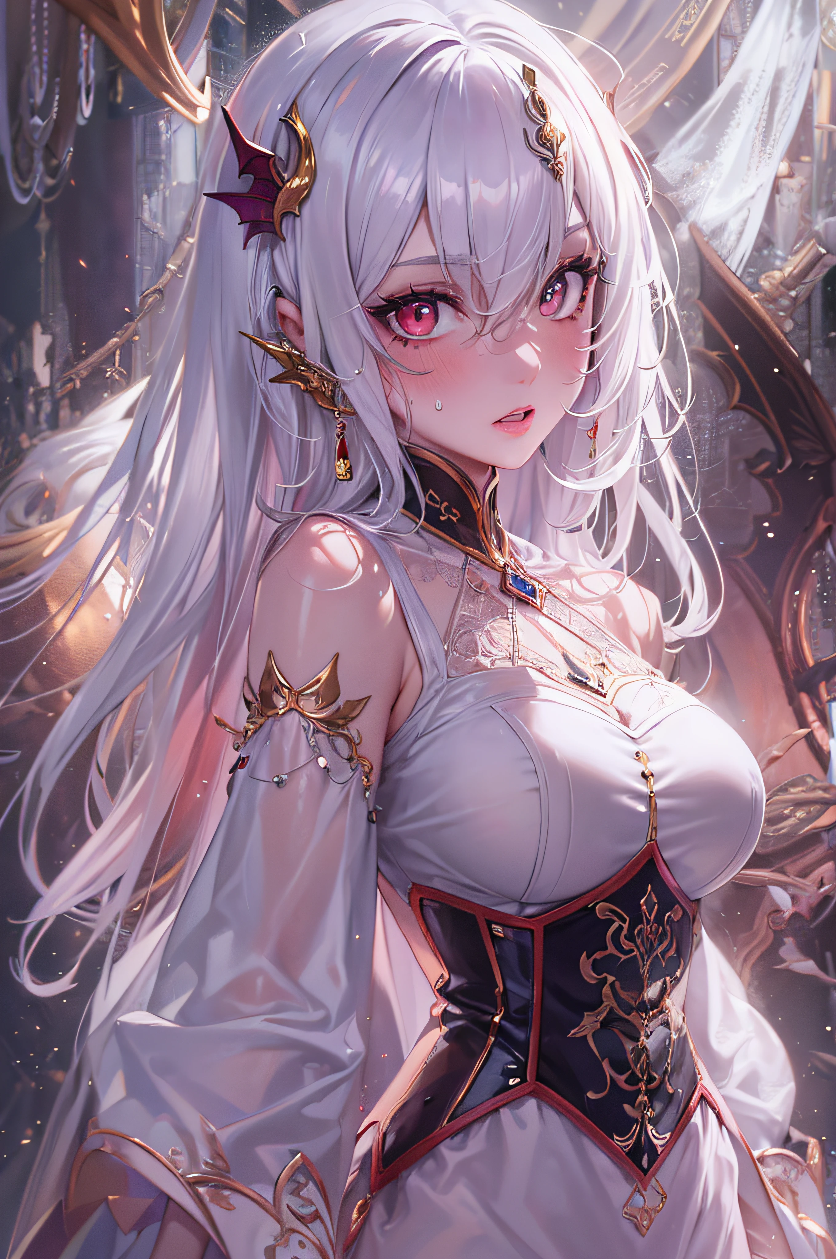 (masterpiece, top quality, best quality, official art, beautiful and aesthetic:1.2), (1girl:1.3), (fractal art:1.3),absurd, masterpiece, best quality, realistic, hyper-detailed, (shiny skin, sweaty:1.4), looking at viewer, slender, 1girl, solo,  white sneakers, white miniskirt, straight long hair, princess cut, purple hair, red eyes, (thick thighs:0.5), dynamic lighting, high resolution, sharp focus, depth of field, small breasts,vampire,  masterpiece, best quality, ultra-detailed, illustration, ultra-detailed face, best quality face, evil, 30 years old, adult, 1girl, 30 years old,  no human, white hair, alchemy outfit, intricate detailed outfit, sexy pose, glowing red dress, cute, kawaii, digital art, finely detailed eyes