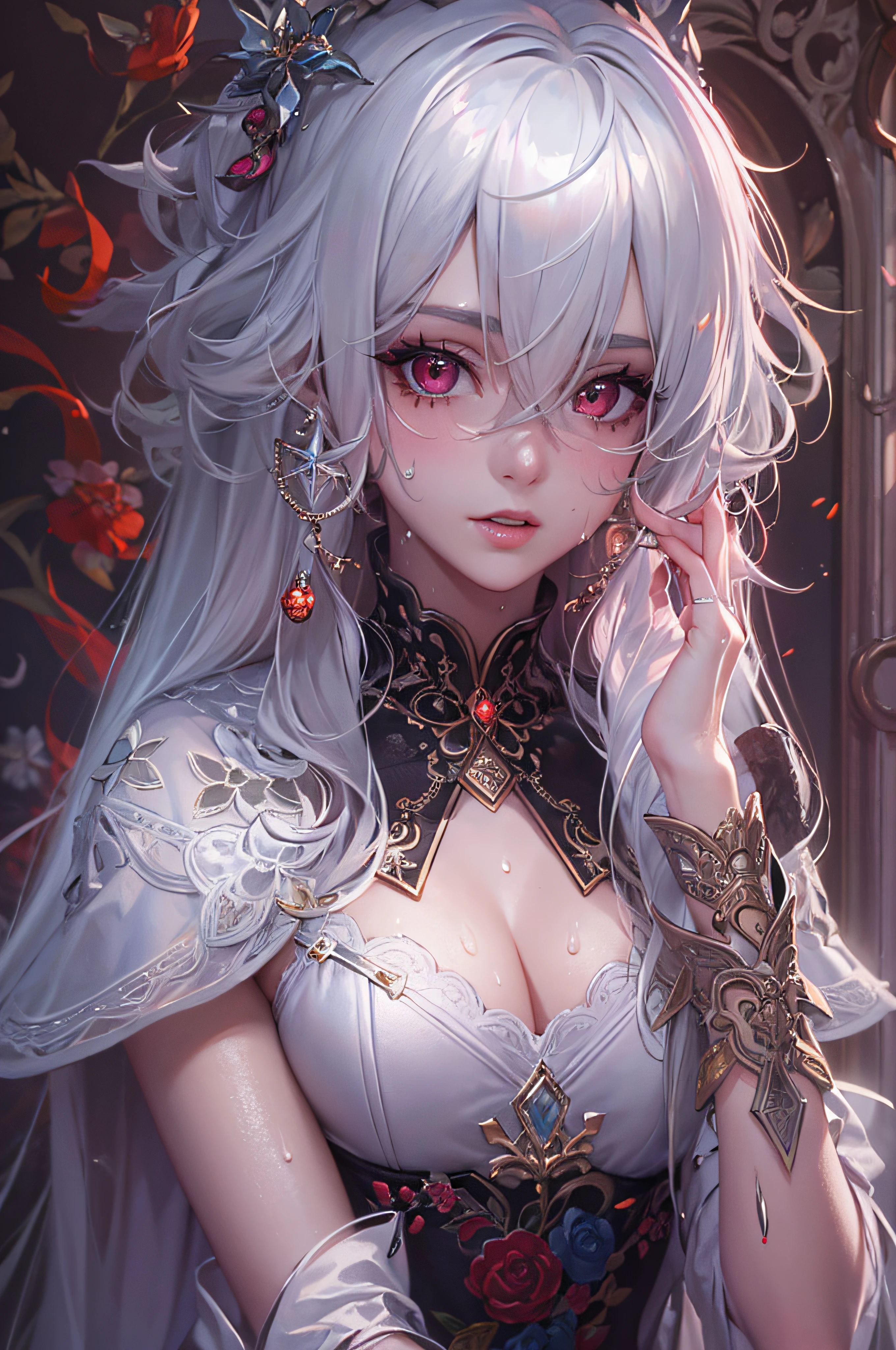 (masterpiece, top quality, best quality, official art, beautiful and aesthetic:1.2), (1girl:1.3), (fractal art:1.3),absurd, masterpiece, best quality, realistic, hyper-detailed, (shiny skin, sweaty:1.4), looking at viewer, slender, 1girl, solo, white sneakers, white miniskirt, straight long hair, princess cut, purple hair, red eyes, (thick thighs:0.5), dynamic lighting, high resolution, sharp focus, depth of field, small breasts,vampire, masterpiece, best quality, ultra-detailed, illustration, ultra-detailed face, best quality face, evil, 30 years old, adult, 1girl, 30 years old, no human, white hair, alchemy outfit, intricate detailed outfit, sexy pose, glowing red dress, cute, kawaii, digital art, finely detailed eyes